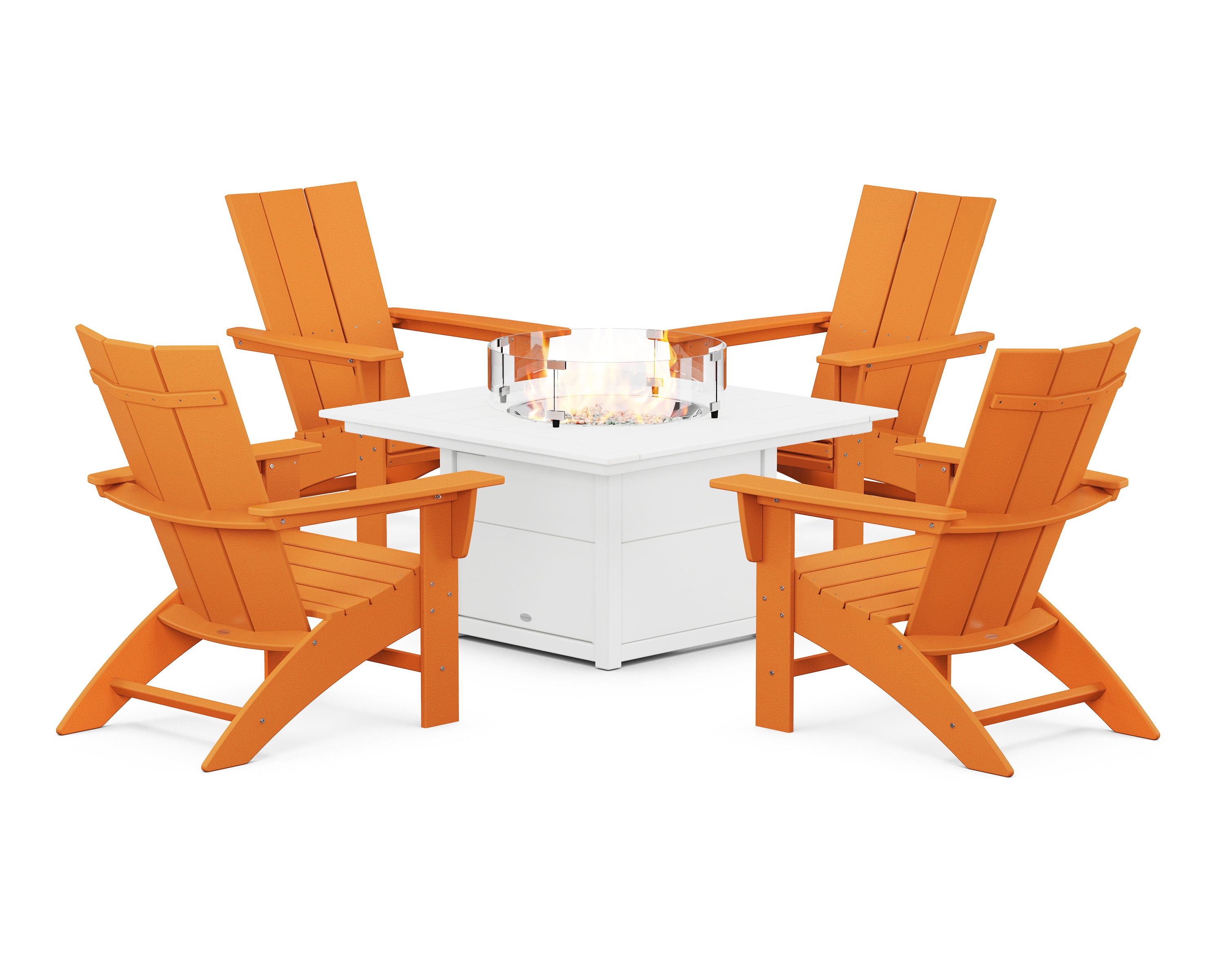 POLYWOOD® Modern Curveback Adirondack 5-Piece Conversation Set with Fire Pit Table in Tangerine / White