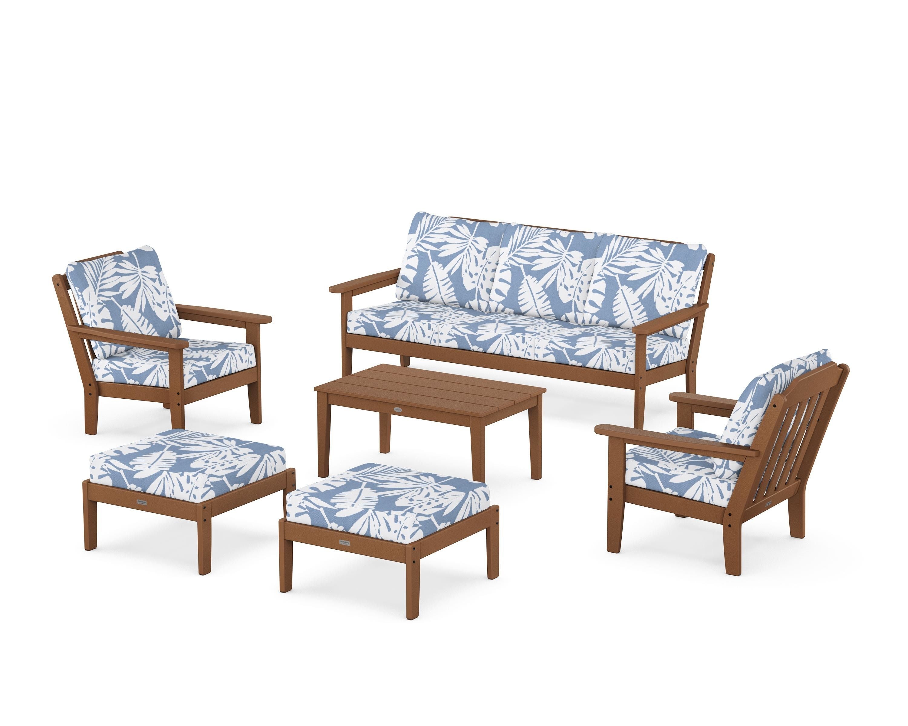 Country Living Cottage 6-Piece Lounge Sofa Set in Teak / Leaf Sky Blue