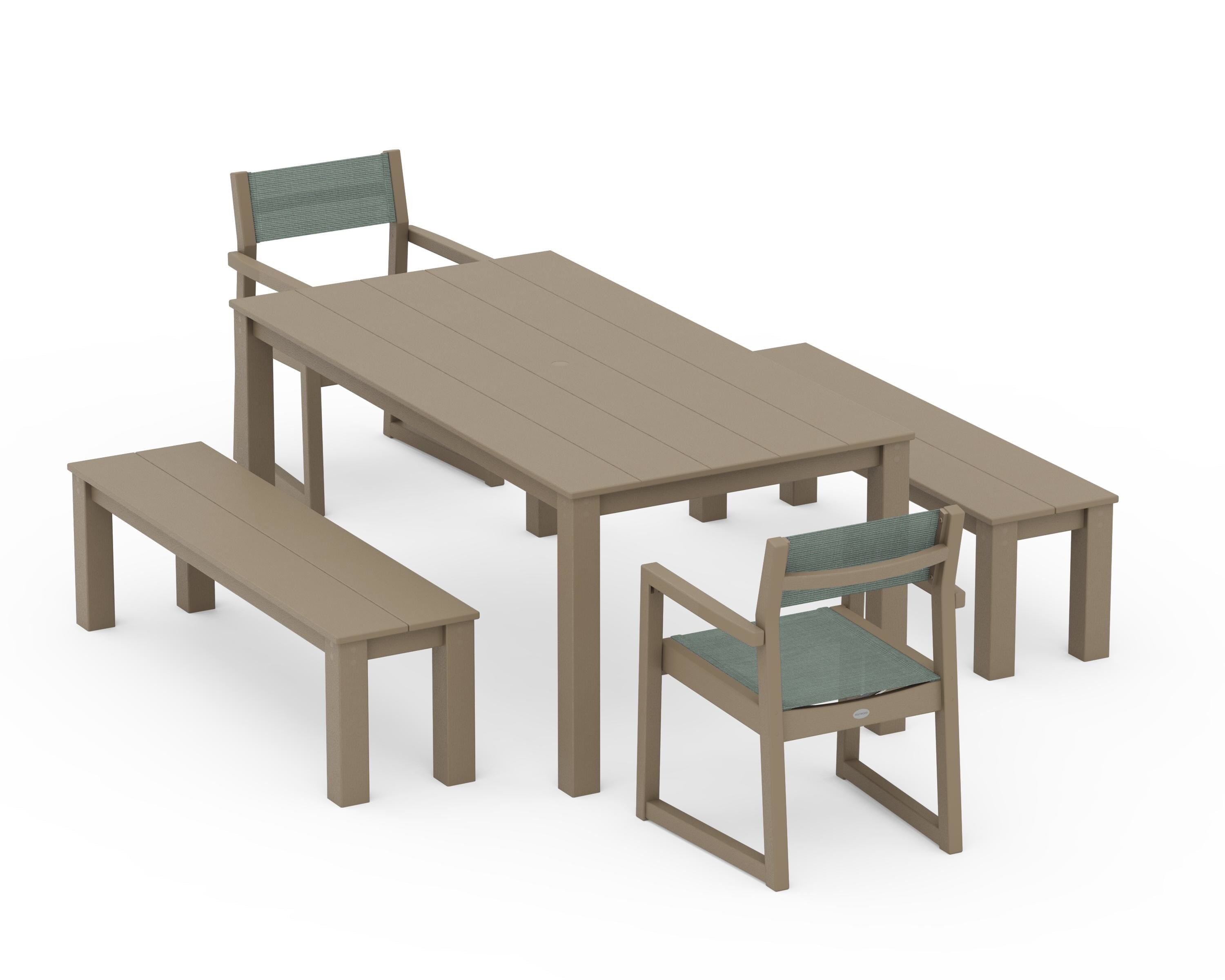 POLYWOOD EDGE Sling Arm Chair 5-Piece Parsons Dining Set with Benches in Vintage Sahara / Dupioni Sea Mist Sling