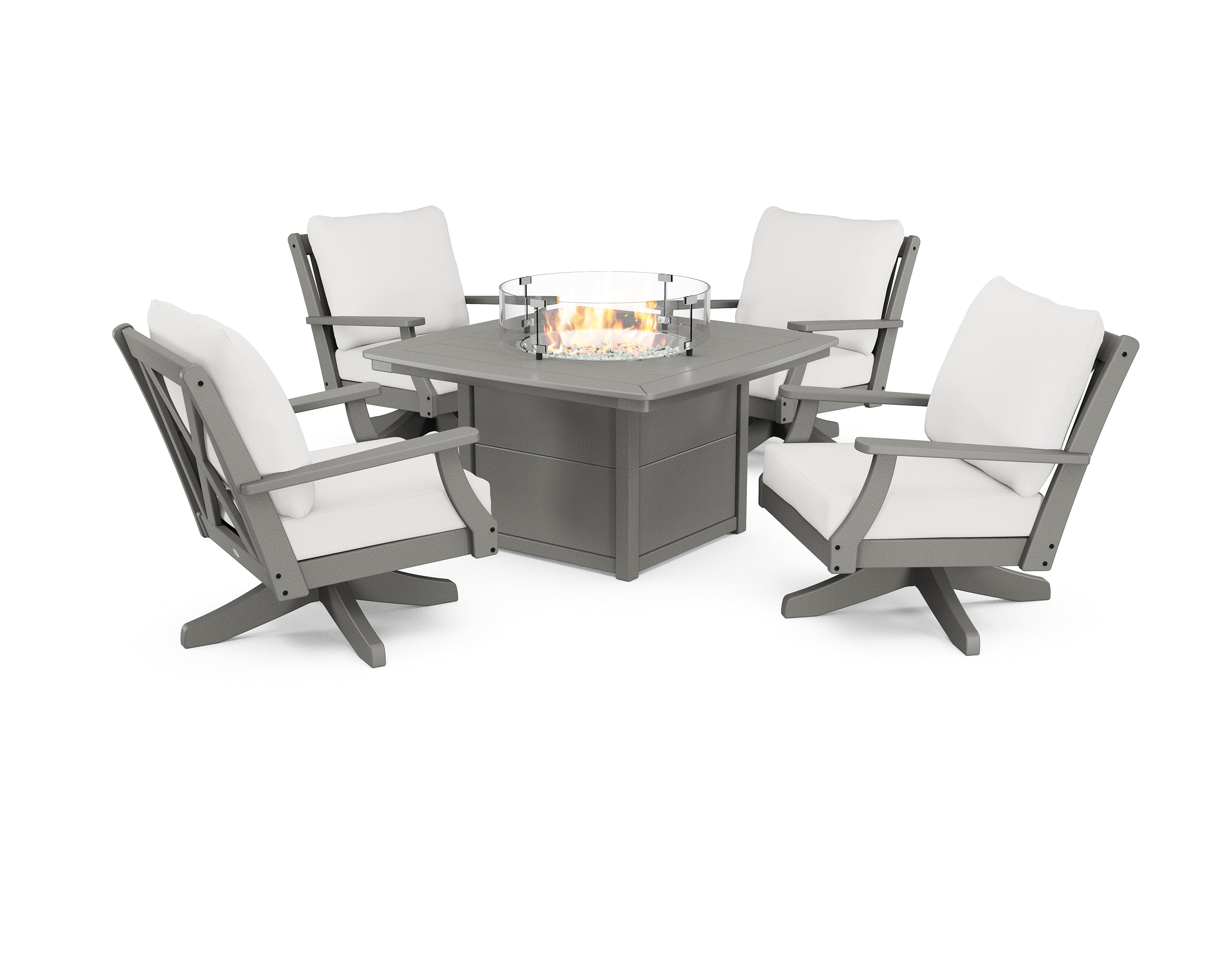 POLYWOOD Braxton 5-Piece Deep Seating Swivel Conversation Set with Fire Pit Table in Slate Grey / Natural Linen