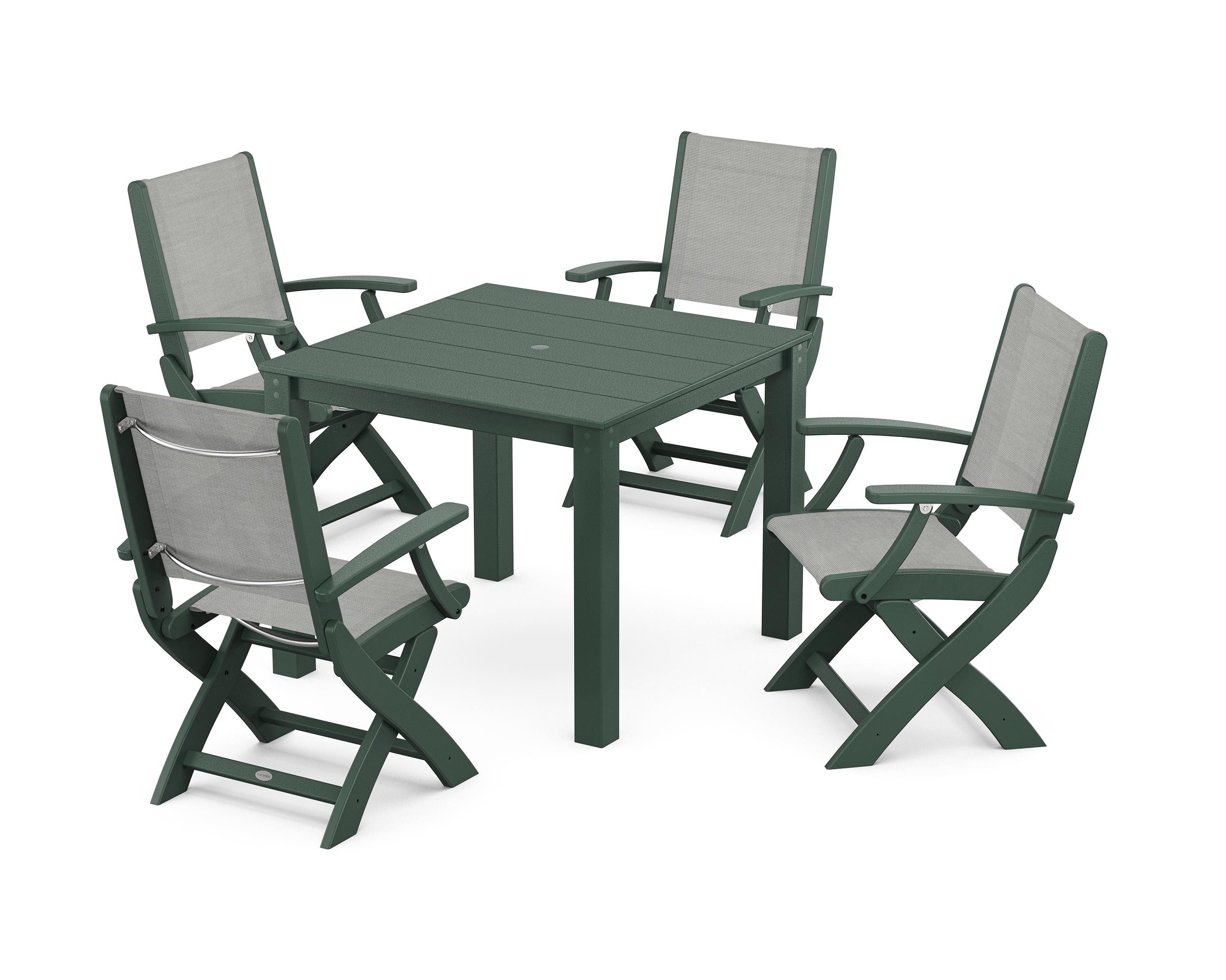 POLYWOOD Coastal Folding Chair 5-Piece Parsons Dining Set in Green / Metallic Sling