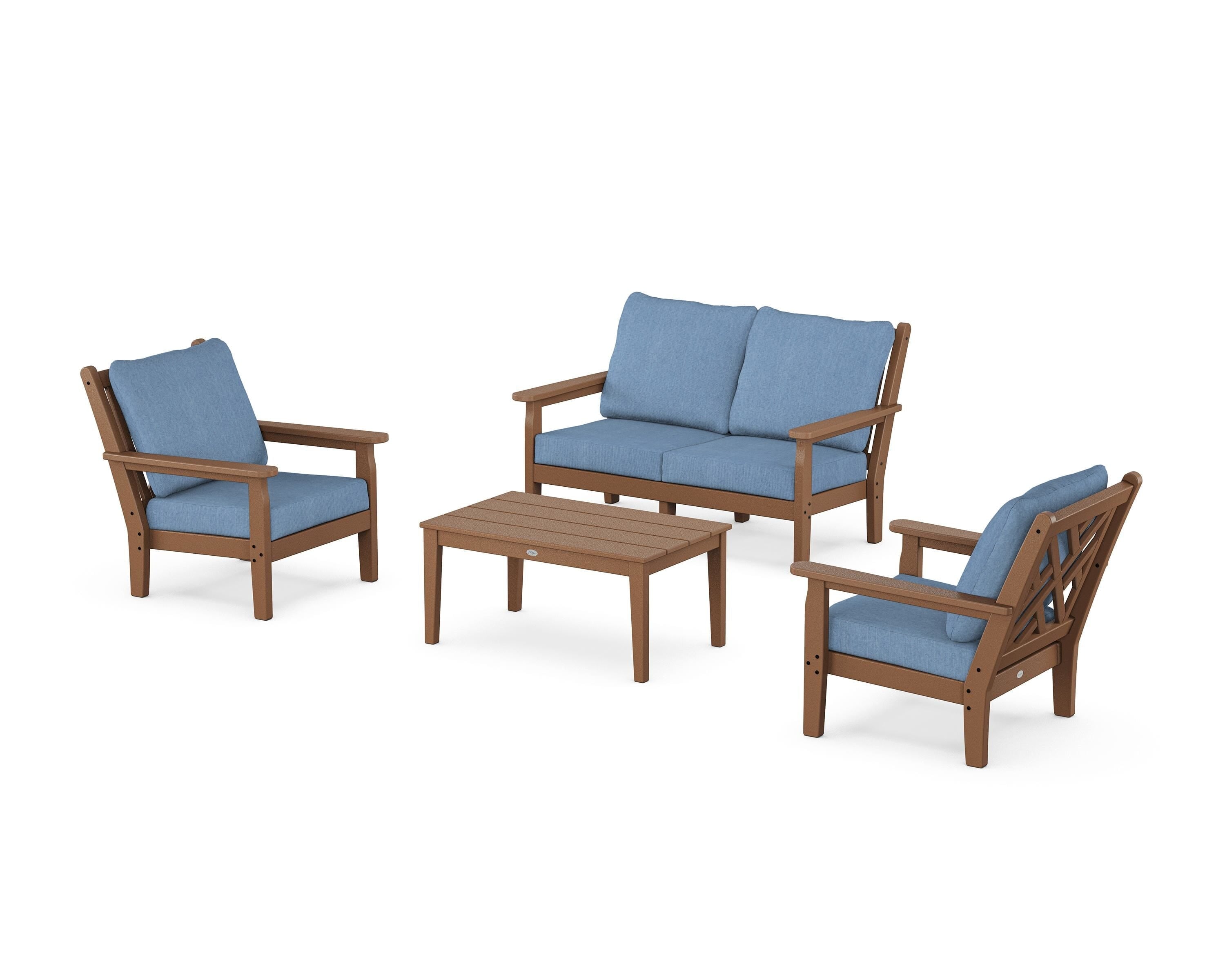 POLYWOOD Chippendale 4-Piece Deep Seating Set with Loveseat in Teak / Sky Blue