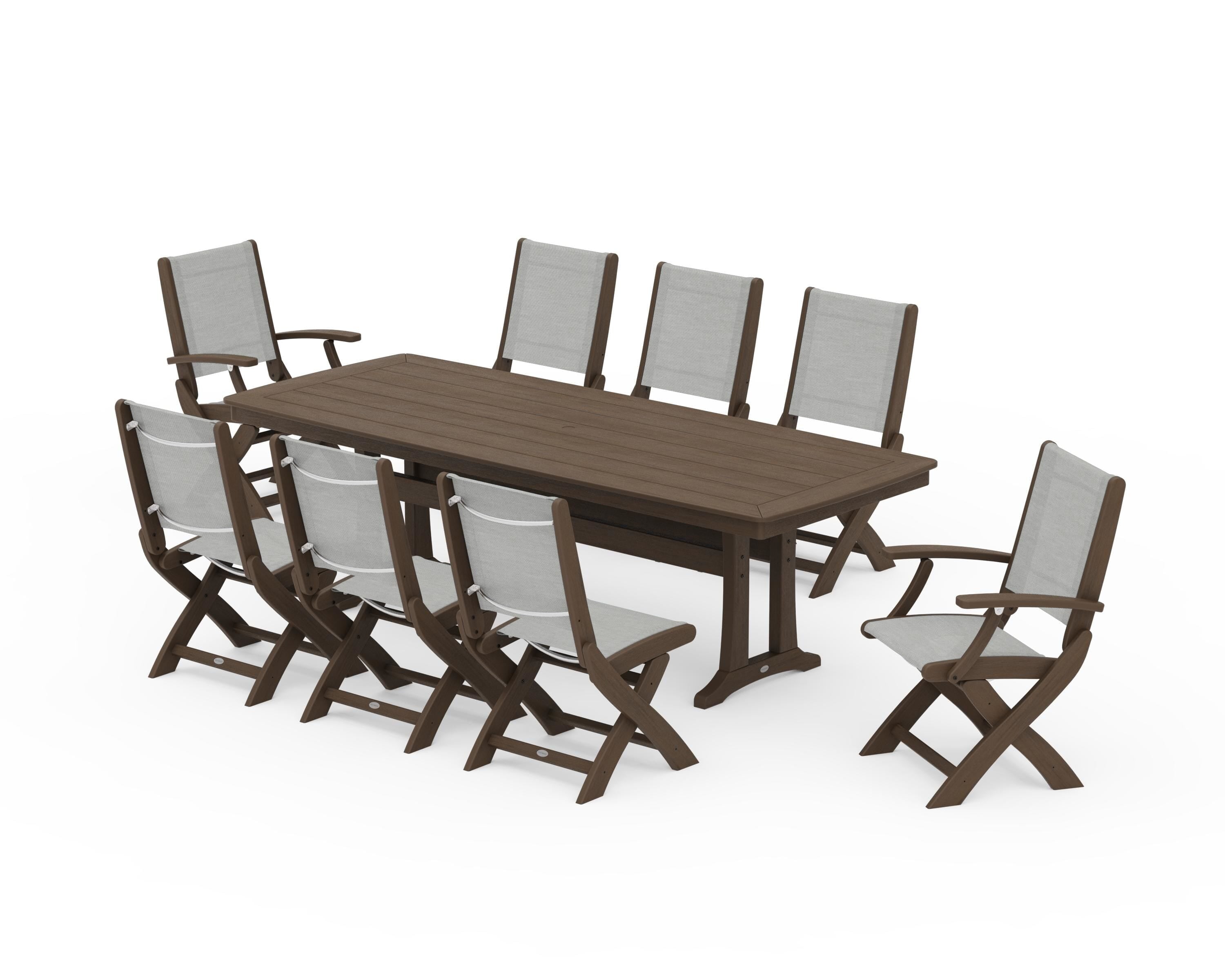 POLYWOOD Coastal Folding 9-Piece Dining Set with Trestle Legs in Kona / Metallic Sling