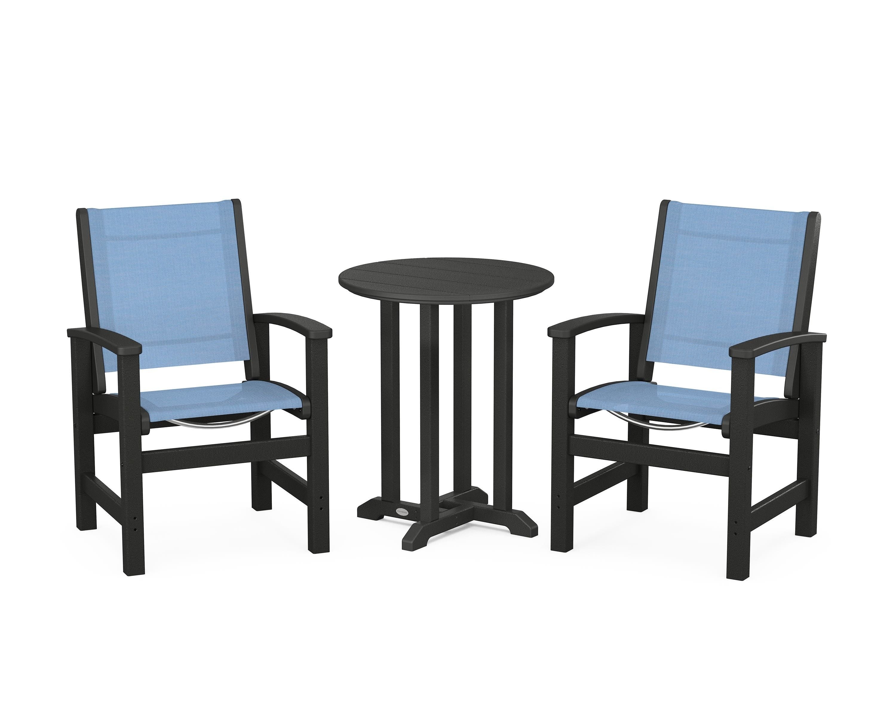POLYWOOD Coastal 3-Piece Round Bistro Dining Set in Black / Poolside Sling