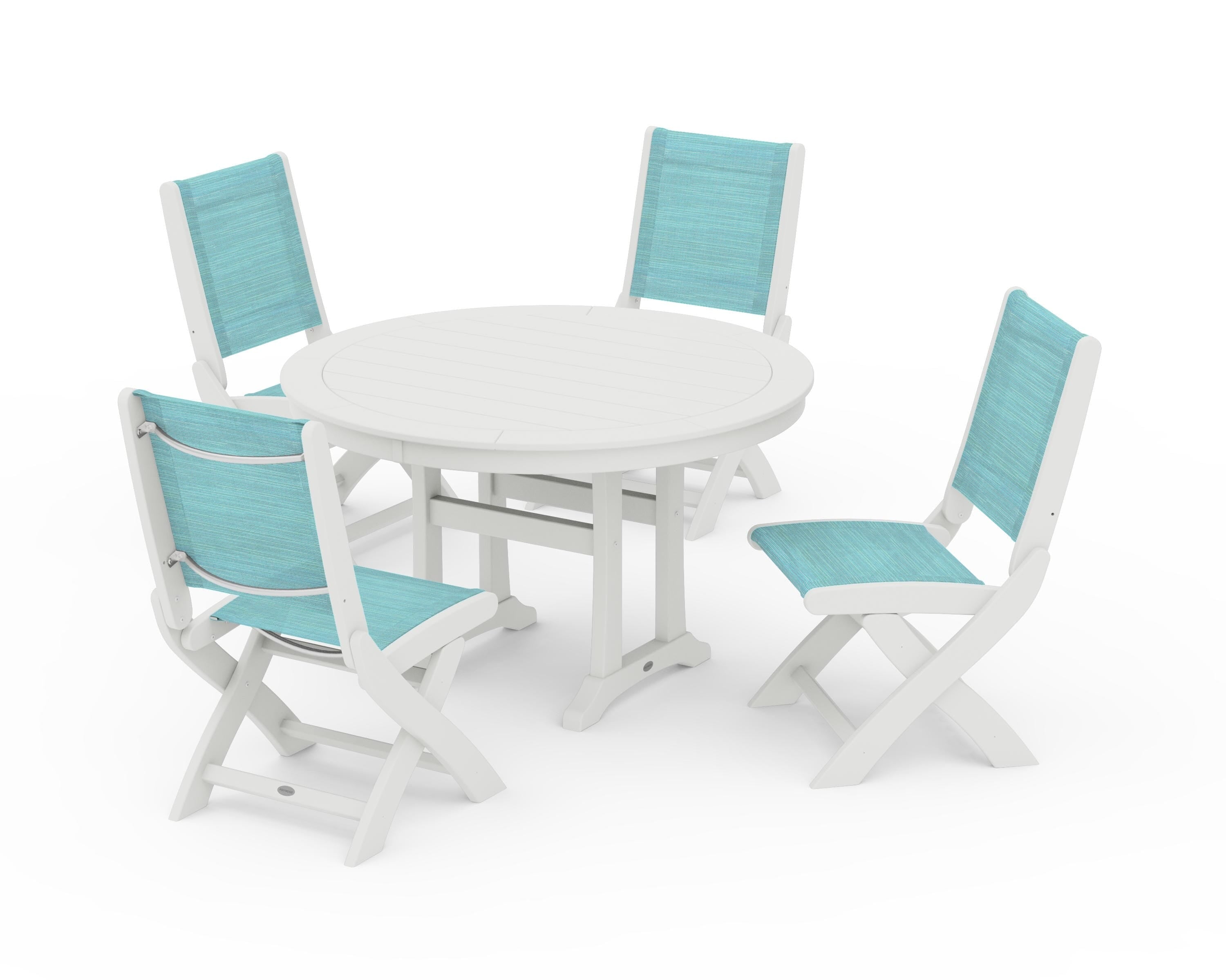 POLYWOOD Coastal Folding Side Chair 5-Piece Round Dining Set With Trestle Legs in Vintage White / Dupioni Aquamarine Sling