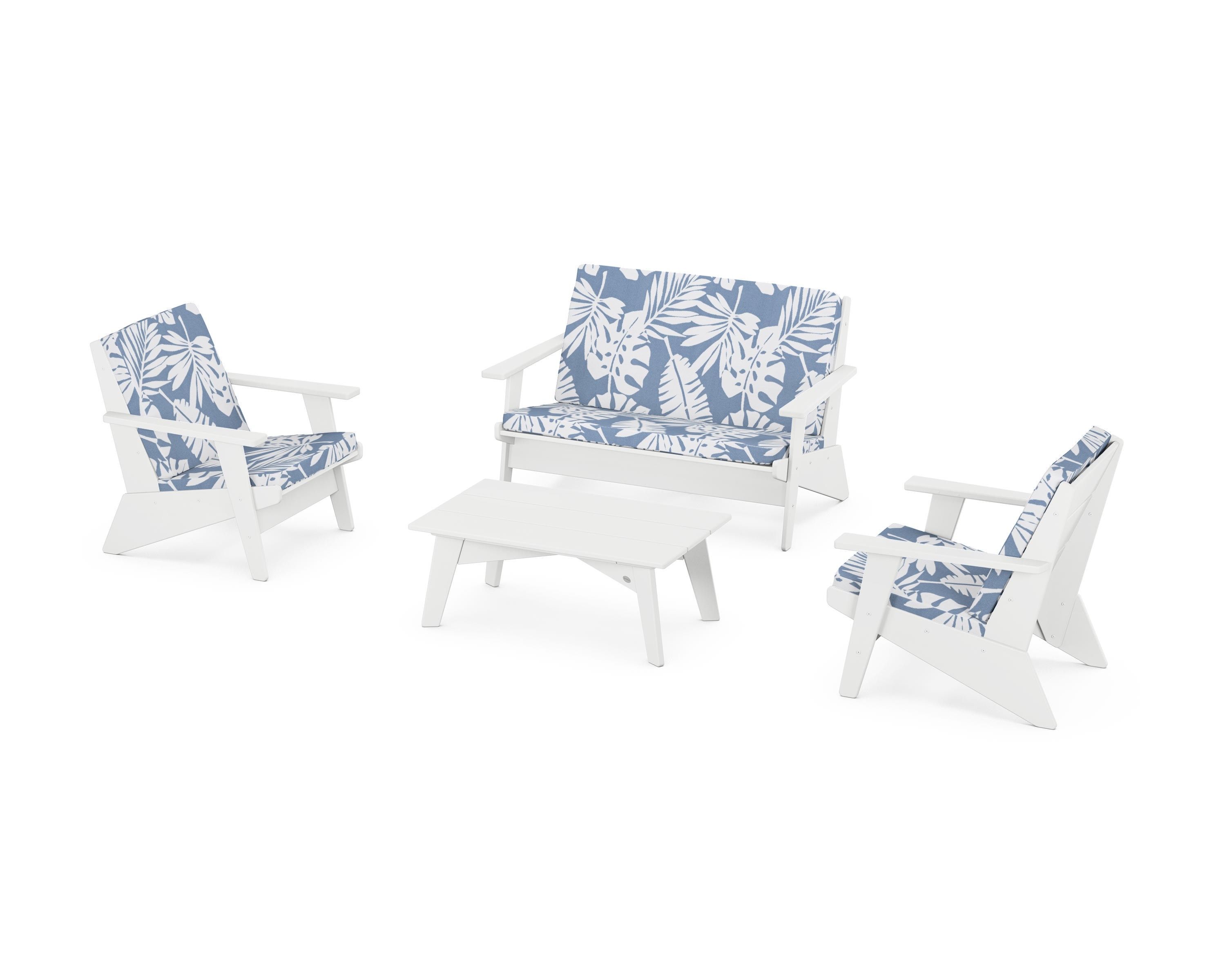 POLYWOOD Riviera Modern Lounge 4-Piece Set in White / Leaf Sky Blue