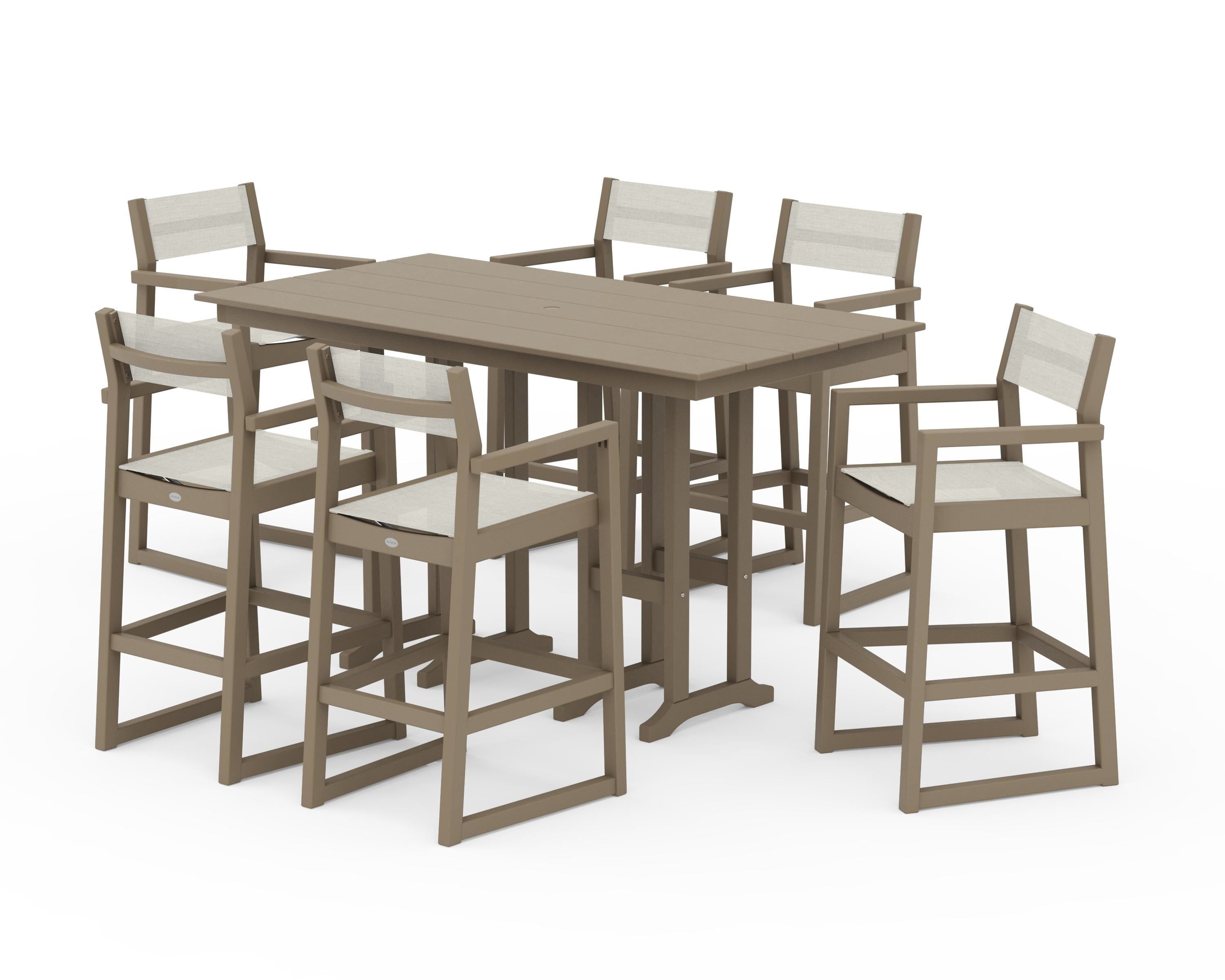 POLYWOOD EDGE Sling Arm Chair 7-Piece Farmhouse Bar Set in Vintage Sahara / Parchment Sling