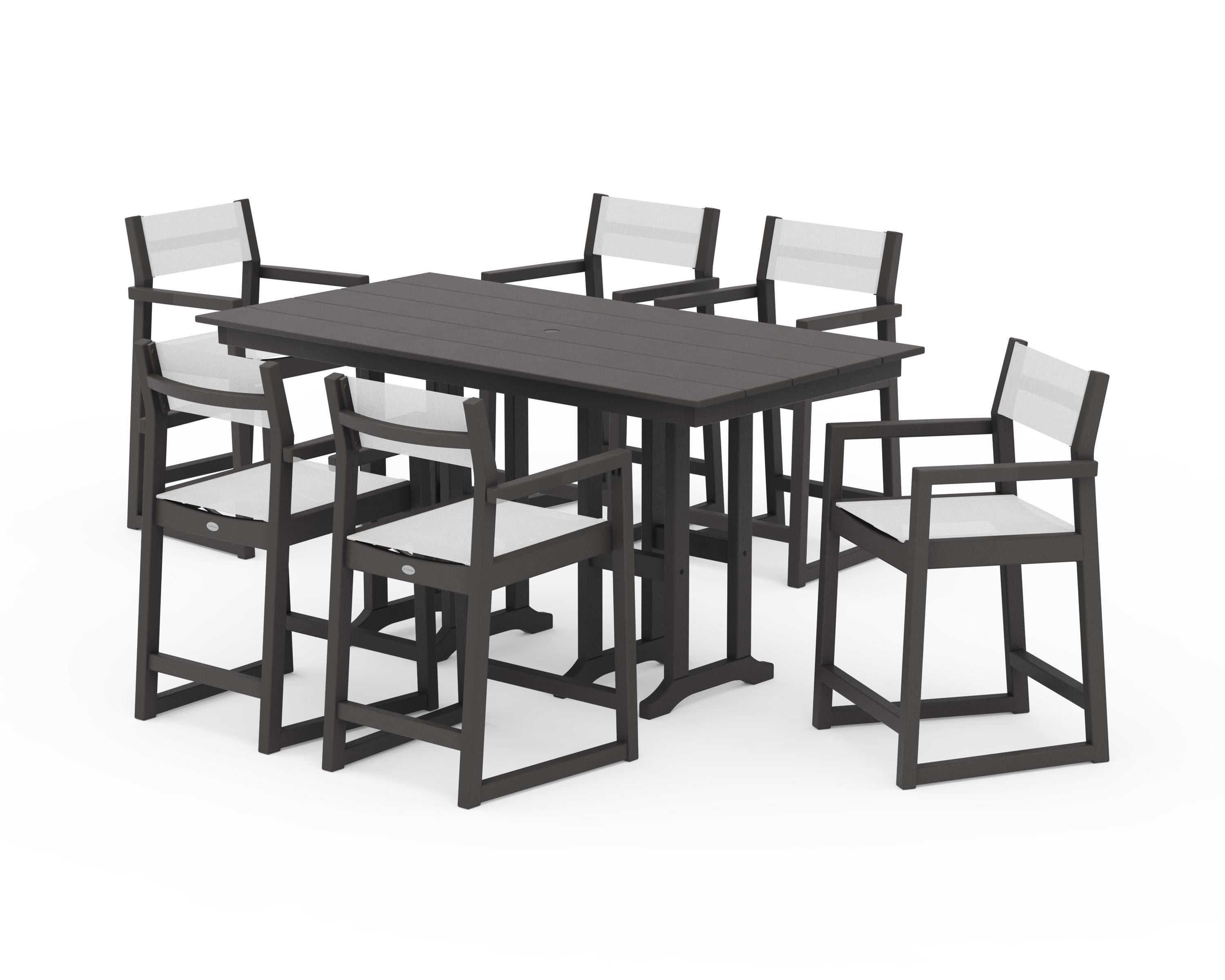 POLYWOOD EDGE Sling Arm Chair 7-Piece Farmhouse Counter Set in Vintage Coffee / White Sling