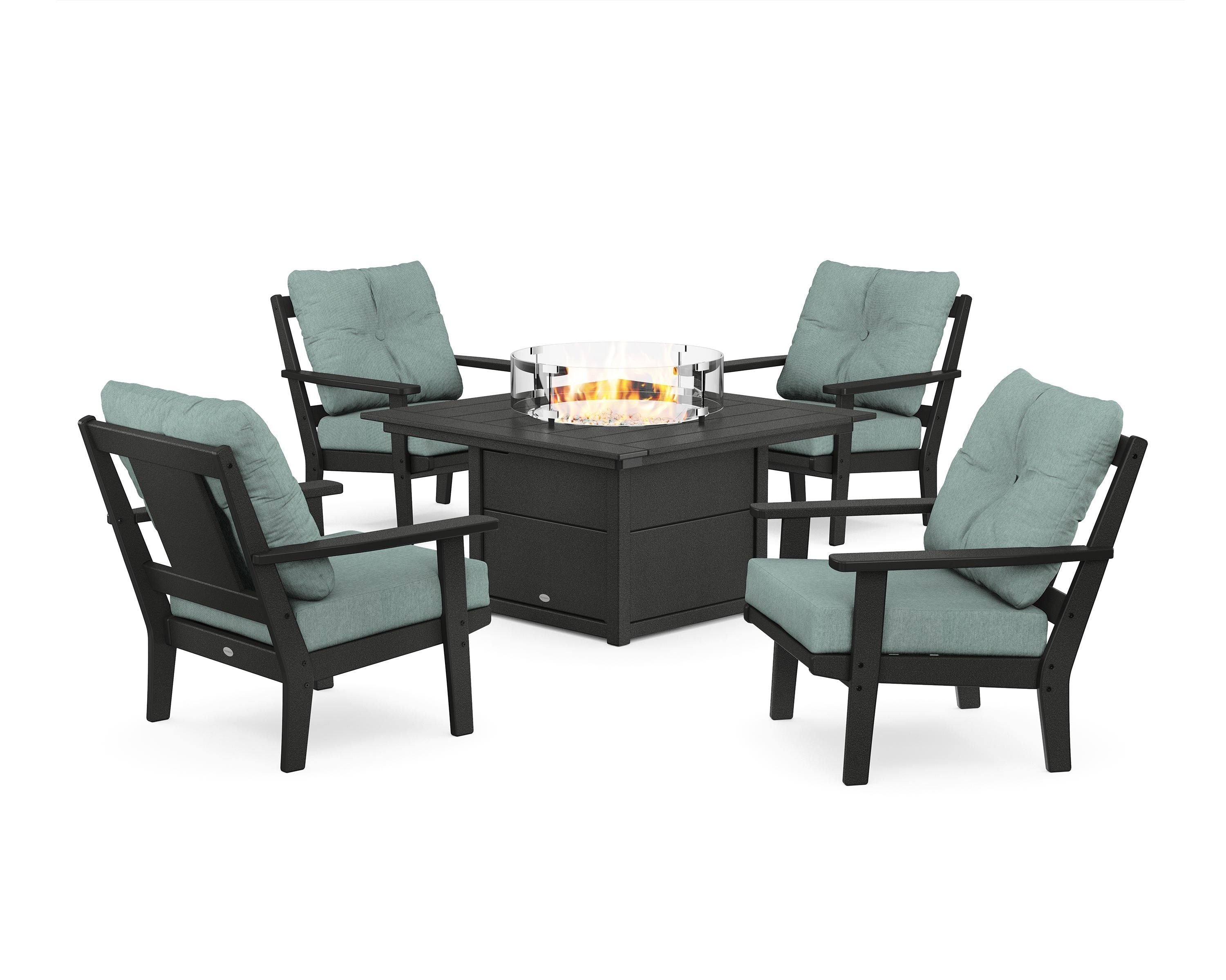 POLYWOOD Prairie 5-Piece Deep Seating Set with Fire Pit Table in Black / Glacier Spa