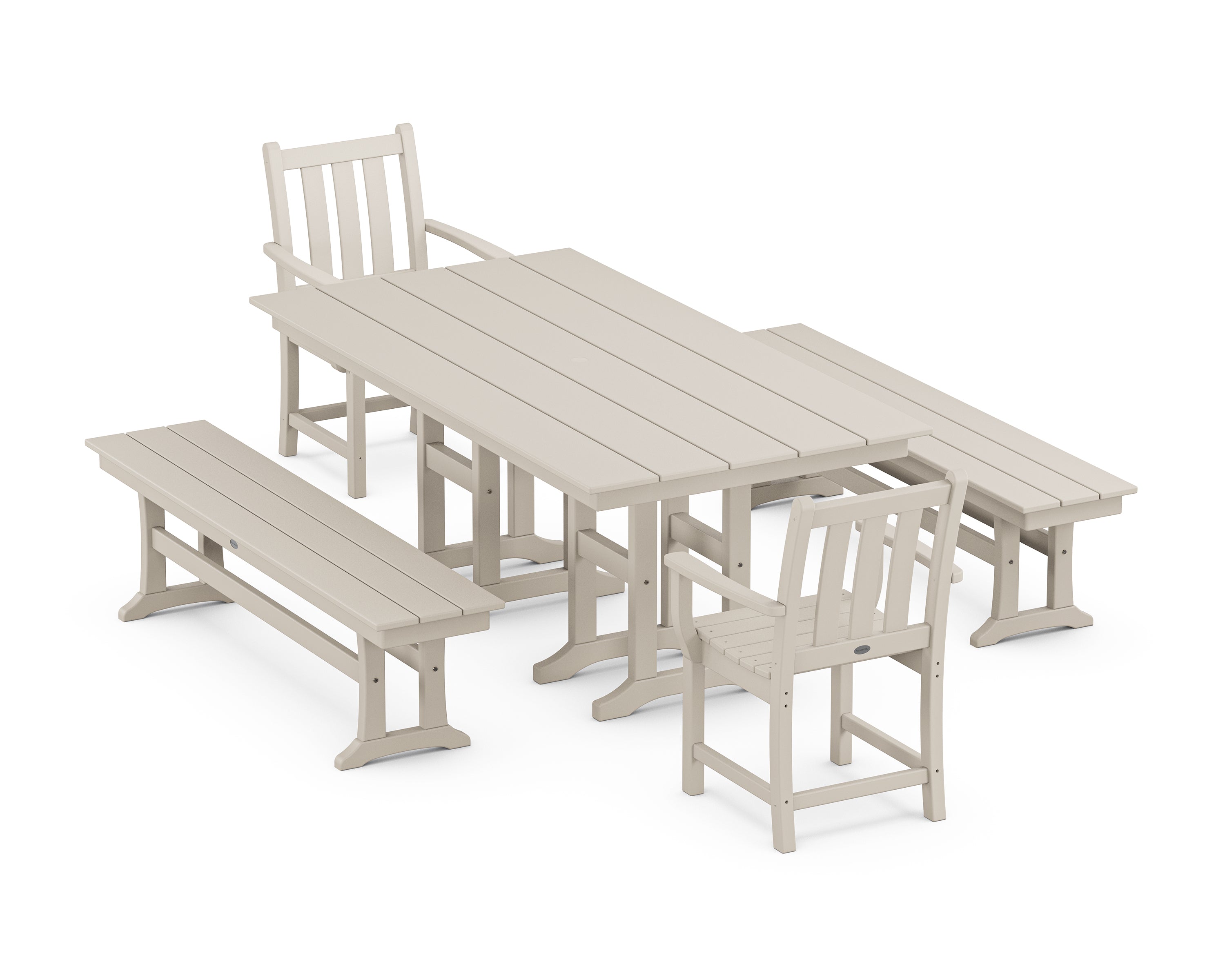 POLYWOOD® Traditional Garden 5-Piece Farmhouse Dining Set with Benches in Sand