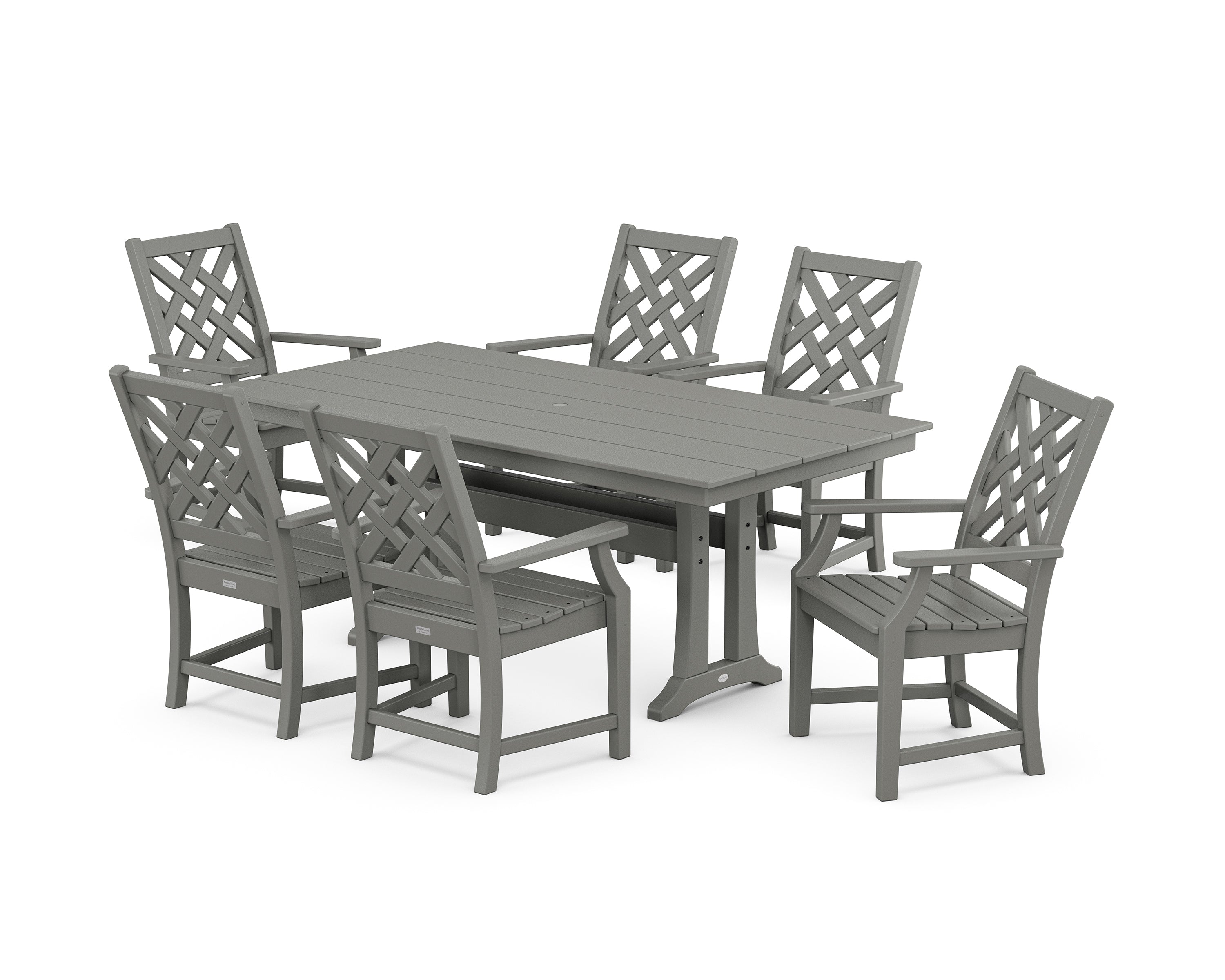 POLYWOOD Wovendale Arm Chair 7-Piece Farmhouse Dining Set with Trestle Legs in Slate Grey