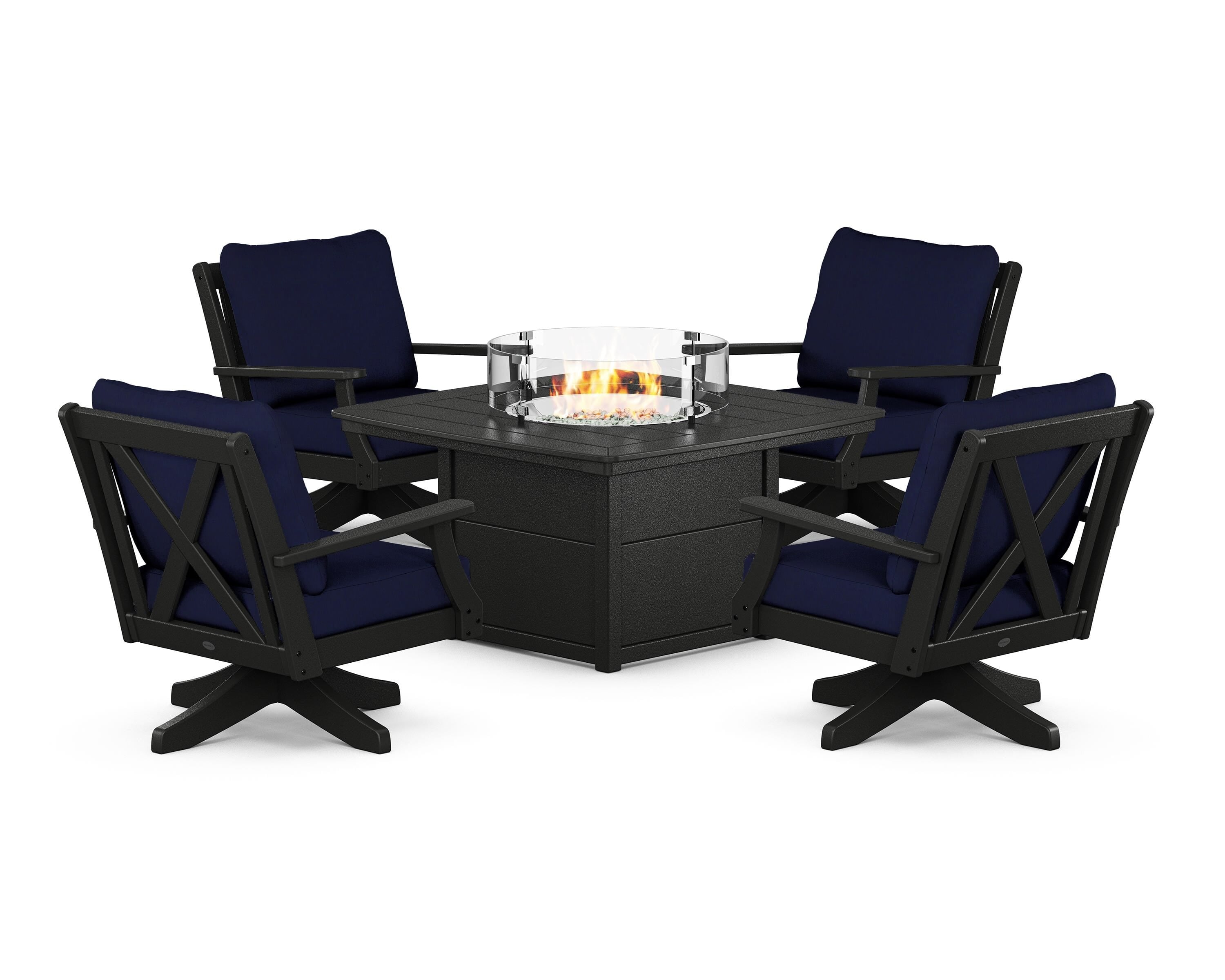 POLYWOOD Braxton 5-Piece Deep Seating Swivel Conversation Set with Fire Pit Table in Black / Navy