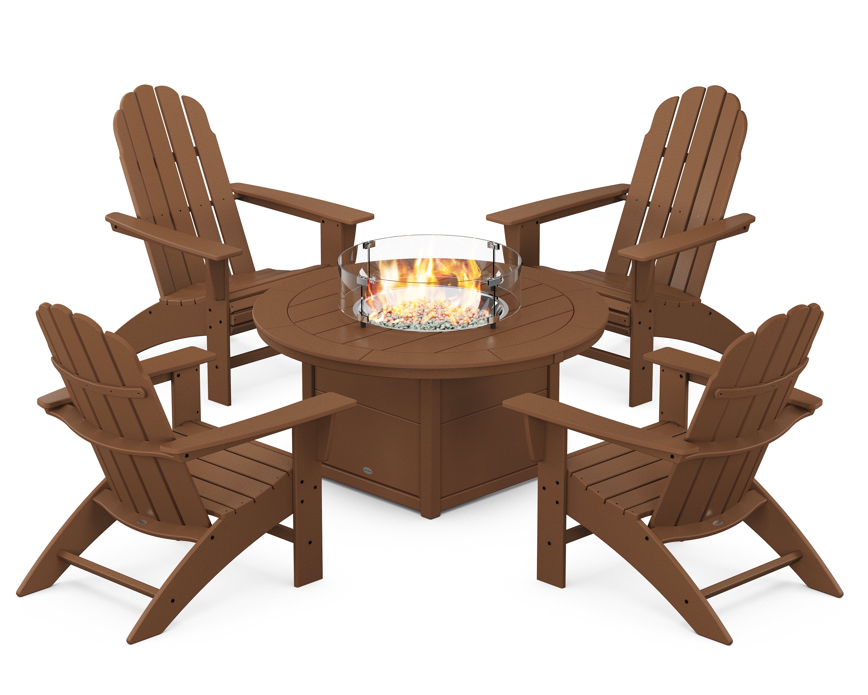 POLYWOOD® Vineyard Curveback Adirondack 5-Piece Conversation Set with Fire Pit Table in Teak