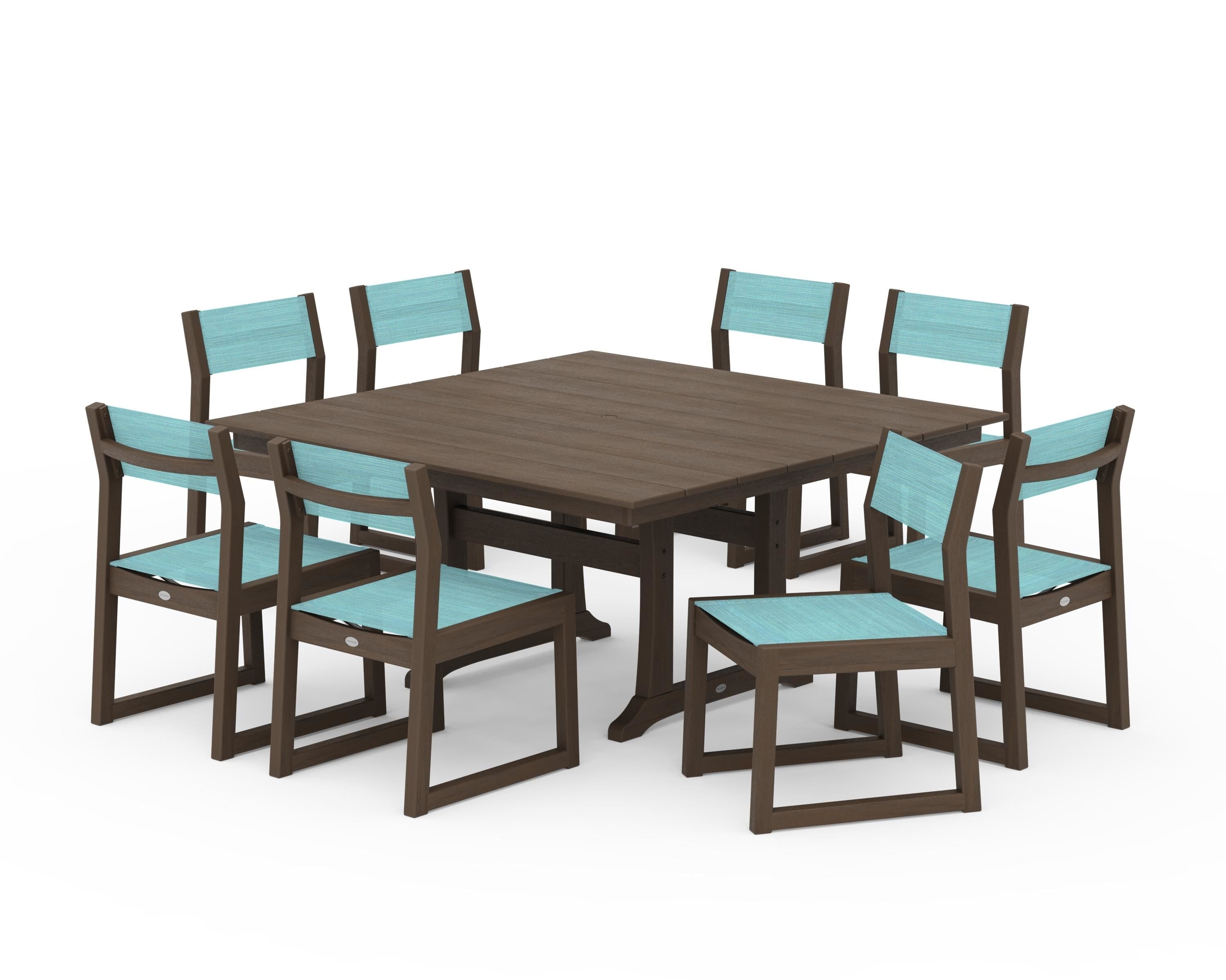 POLYWOOD EDGE Sling Side Chair 9-Piece Farmhouse Trestle Dining Set in Kona / Dupioni Aquamarine Sling