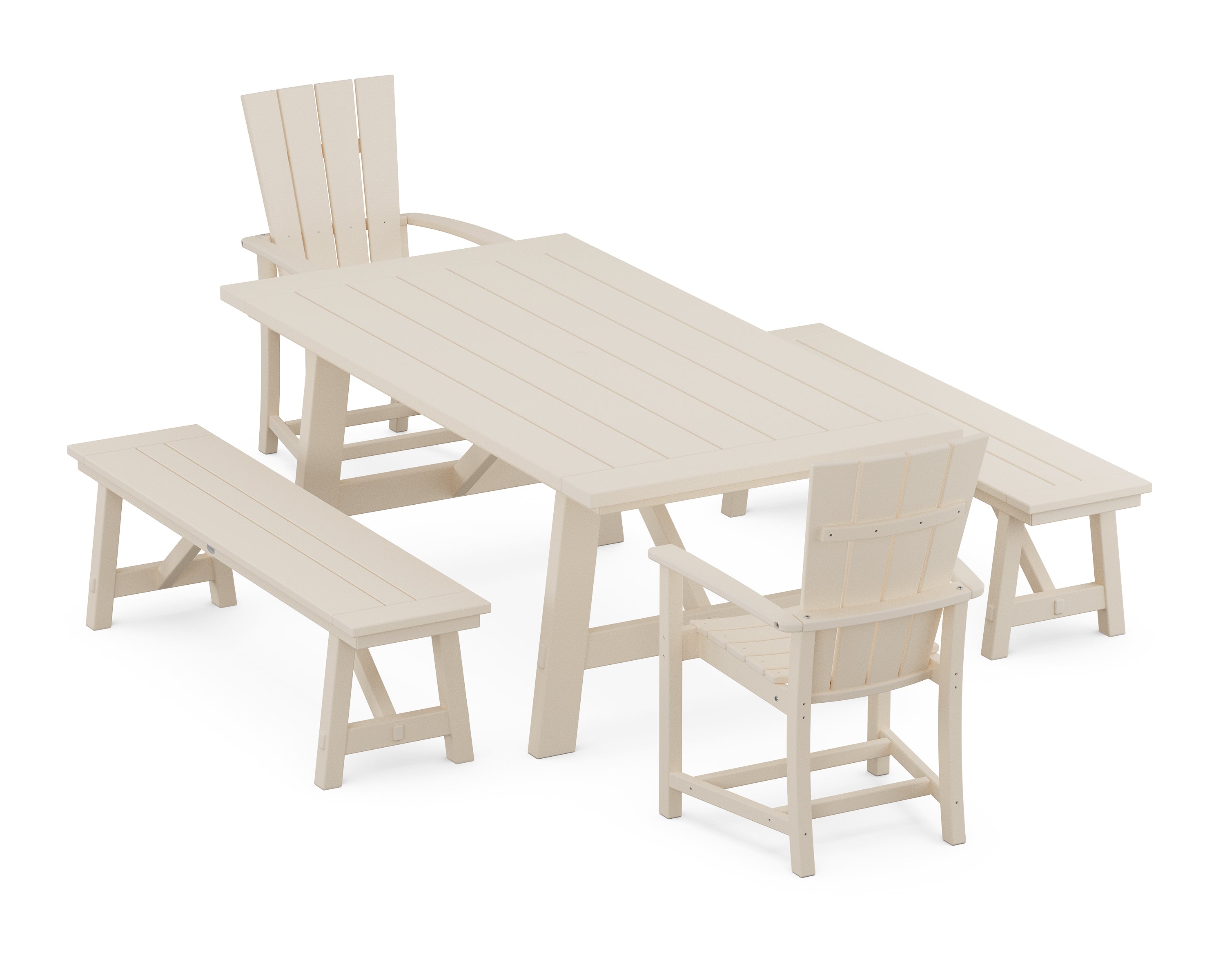 POLYWOOD® Quattro 5-Piece Rustic Farmhouse Dining Set With Benches in Sand