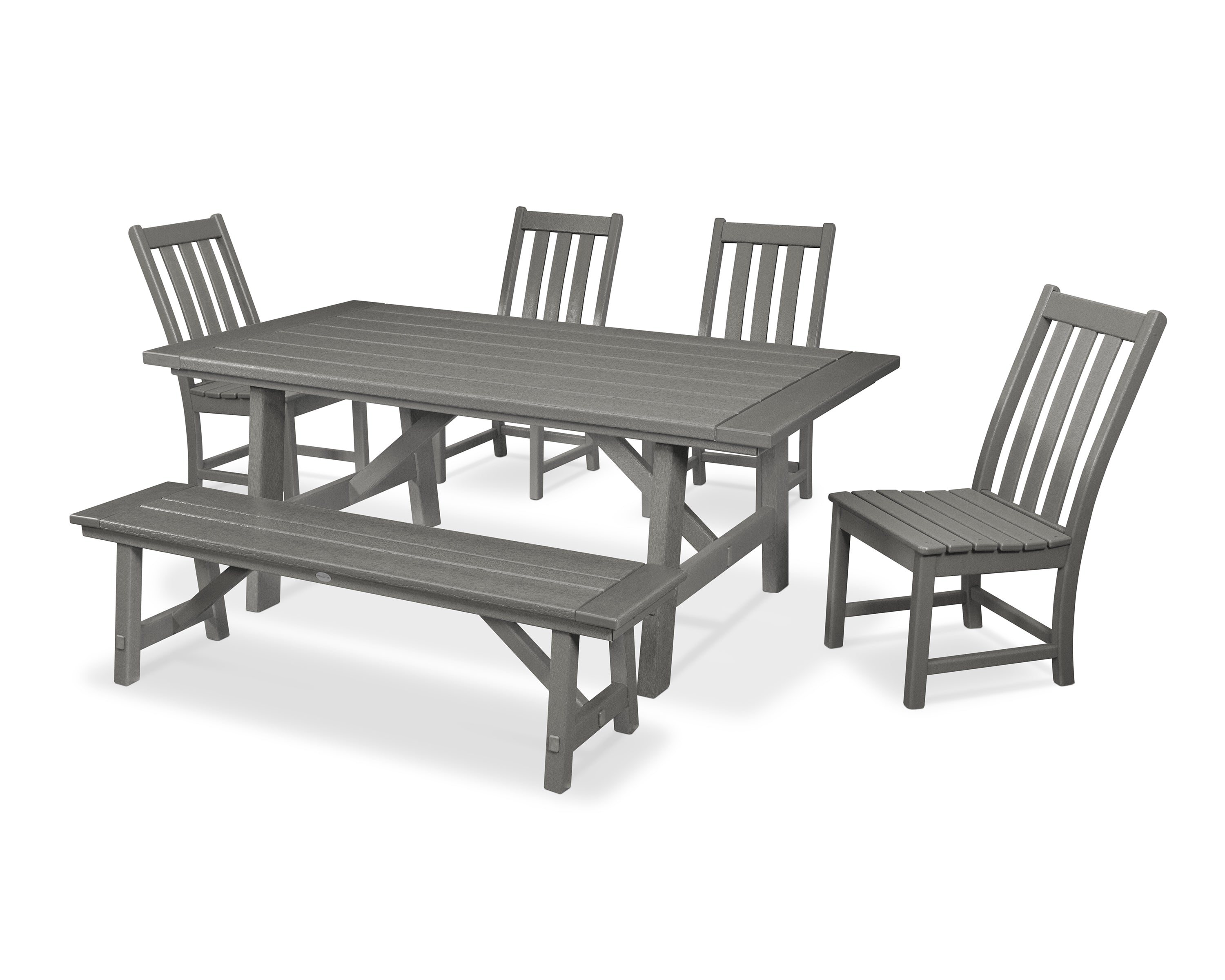 POLYWOOD® Vineyard 6-Piece Rustic Farmhouse Side Chair Dining Set with Bench in Slate Grey