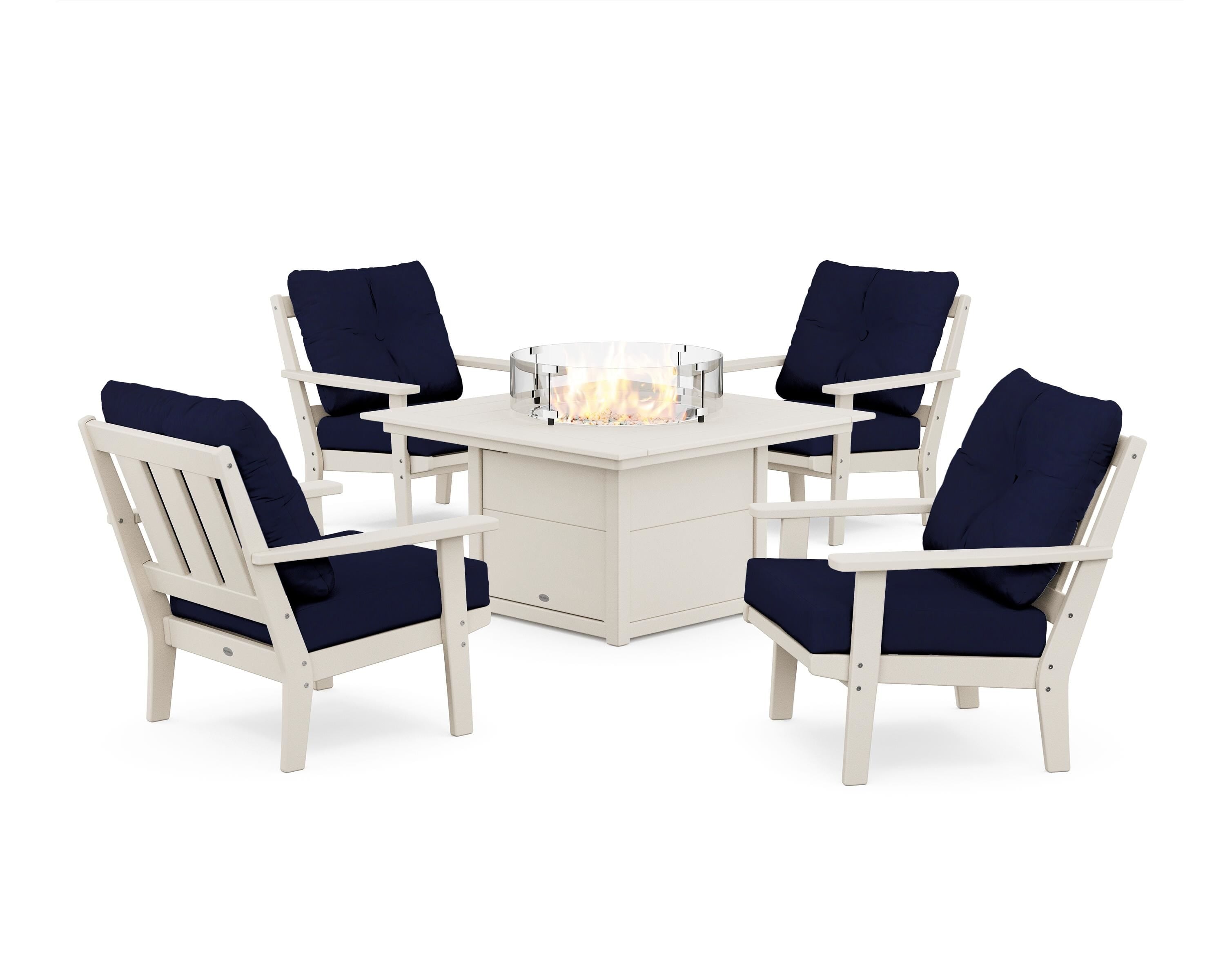 POLYWOOD Oxford 5-Piece Deep Seating Set with Fire Pit Table in Sand / Navy