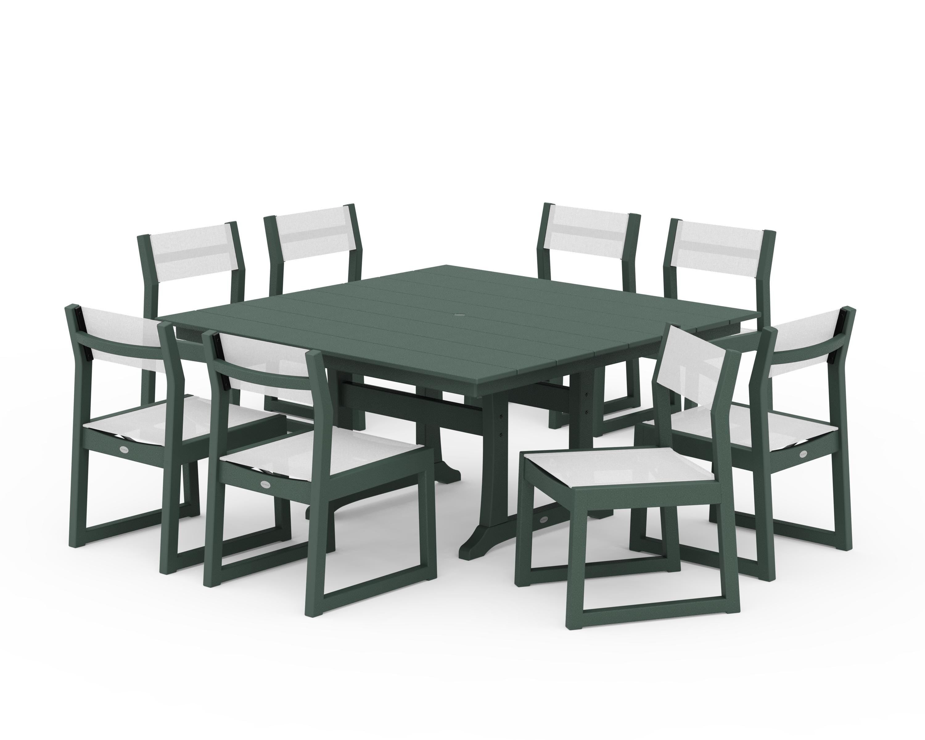POLYWOOD EDGE Sling Side Chair 9-Piece Farmhouse Trestle Dining Set in Green / White Sling