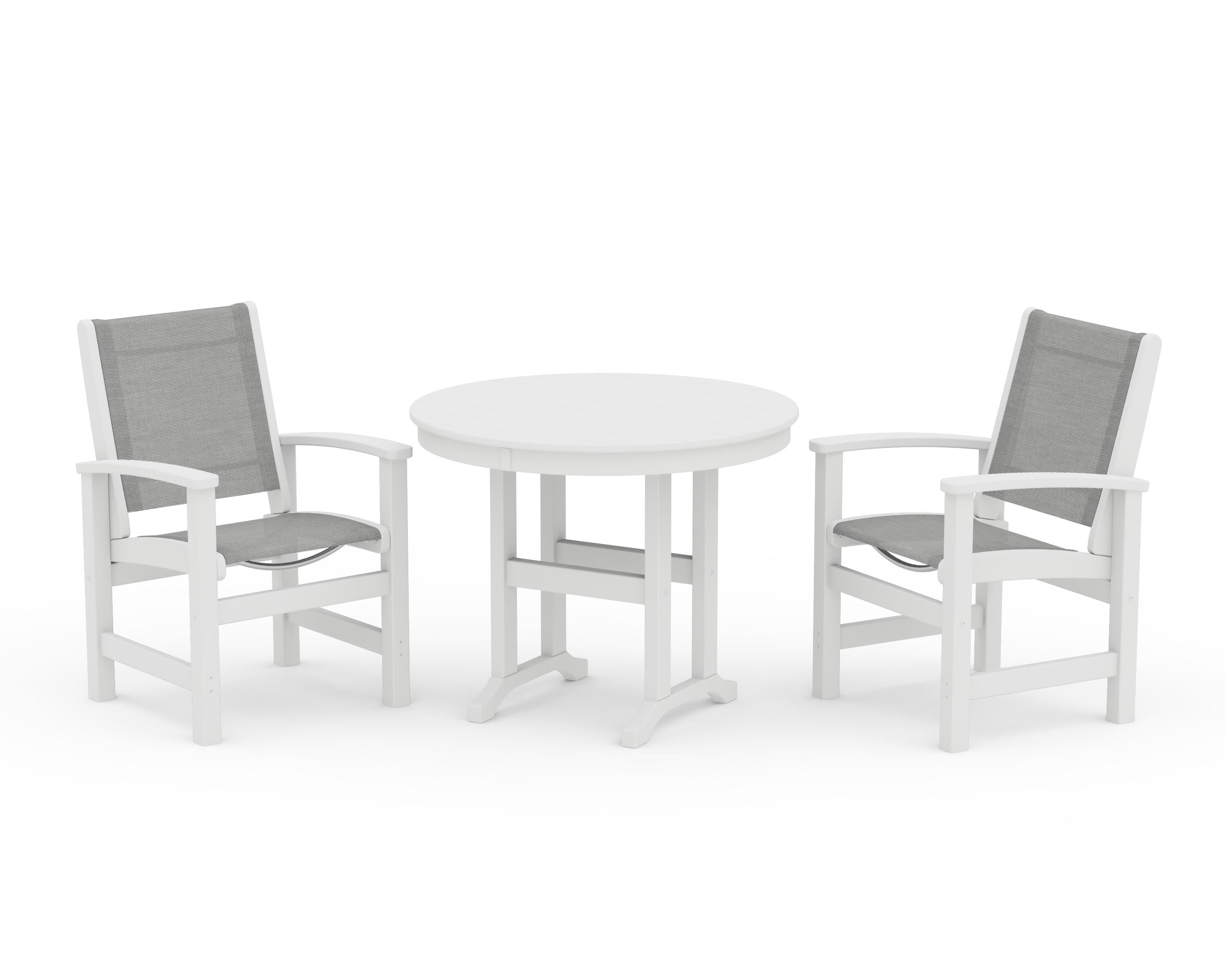 POLYWOOD Coastal 3-Piece Round Dining Set in White / Metallic Sling