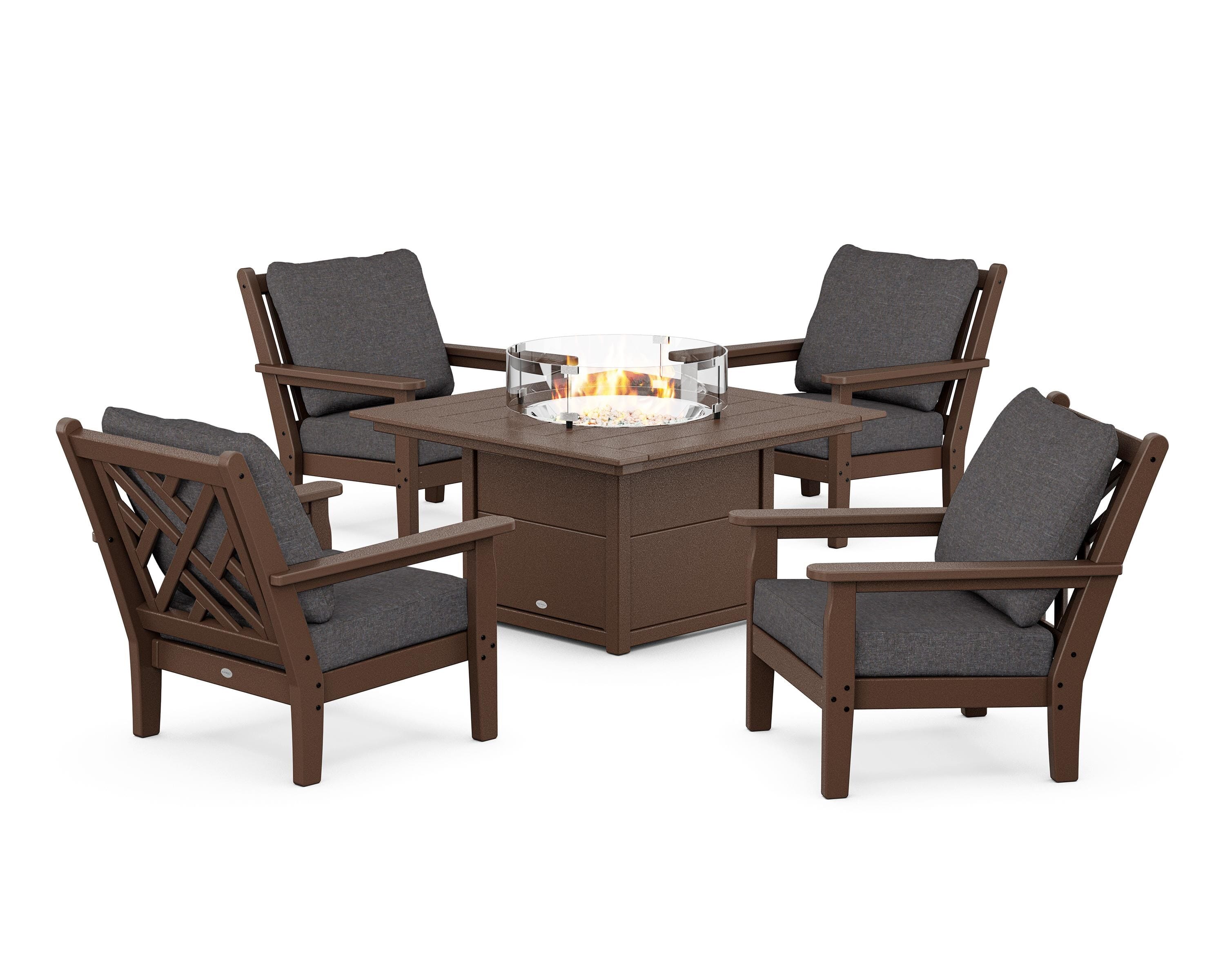 POLYWOOD Chippendale 5-Piece Deep Seating Set with Fire Pit Table in Mahogany / Ash Charcoal