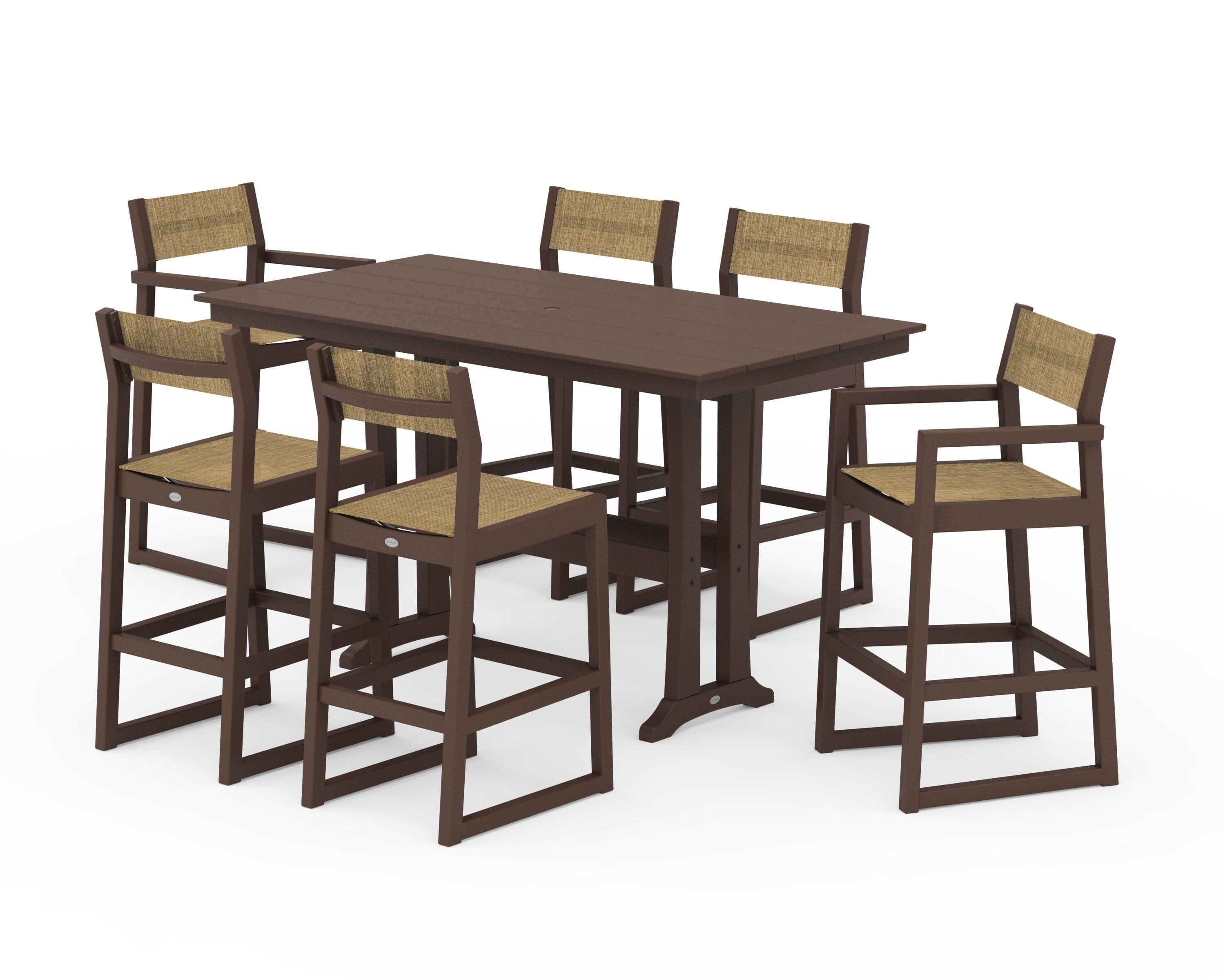 POLYWOOD EDGE Sling 7-Piece Farmhouse Bar Set with Trestle Legs in Mahogany / Burlap Sling