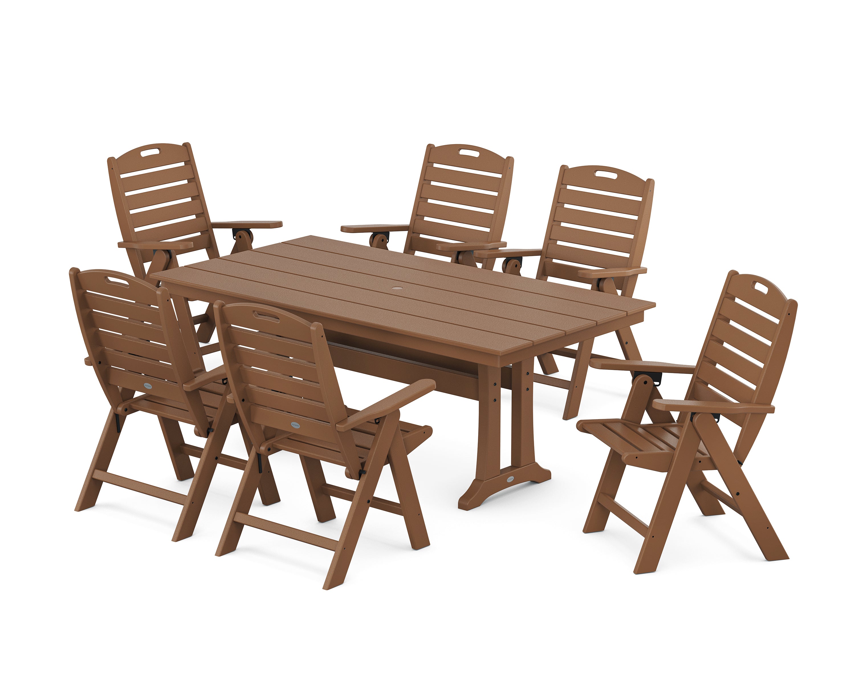 POLYWOOD Nautical Highback 7-Piece Farmhouse Dining Set with Trestle Legs in Teak