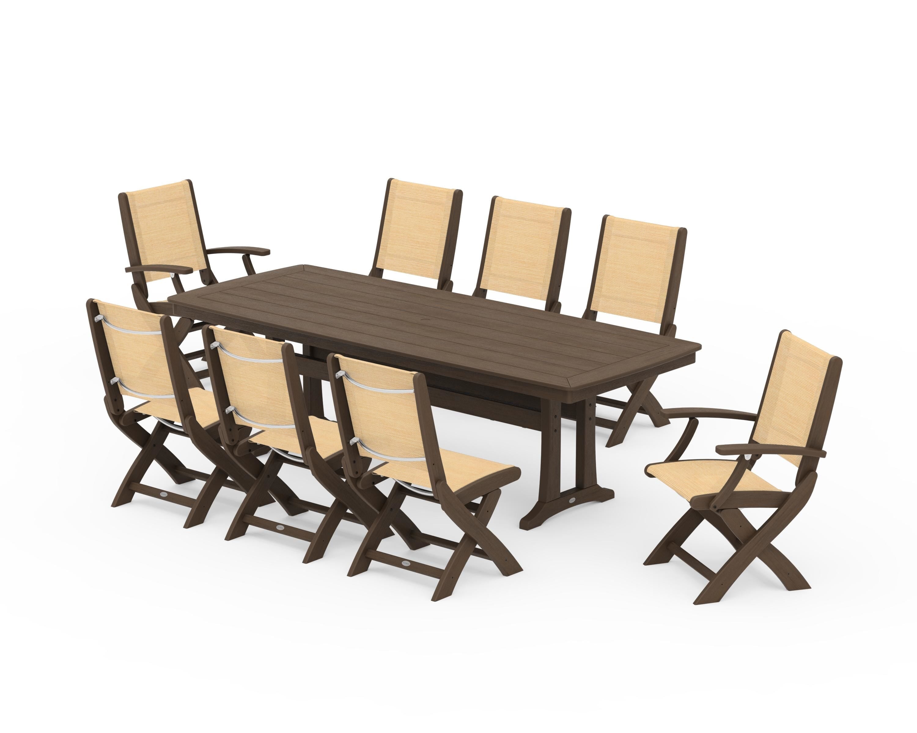 POLYWOOD Coastal Folding 9-Piece Dining Set with Trestle Legs in Kona / Dupioni Apricot Sling