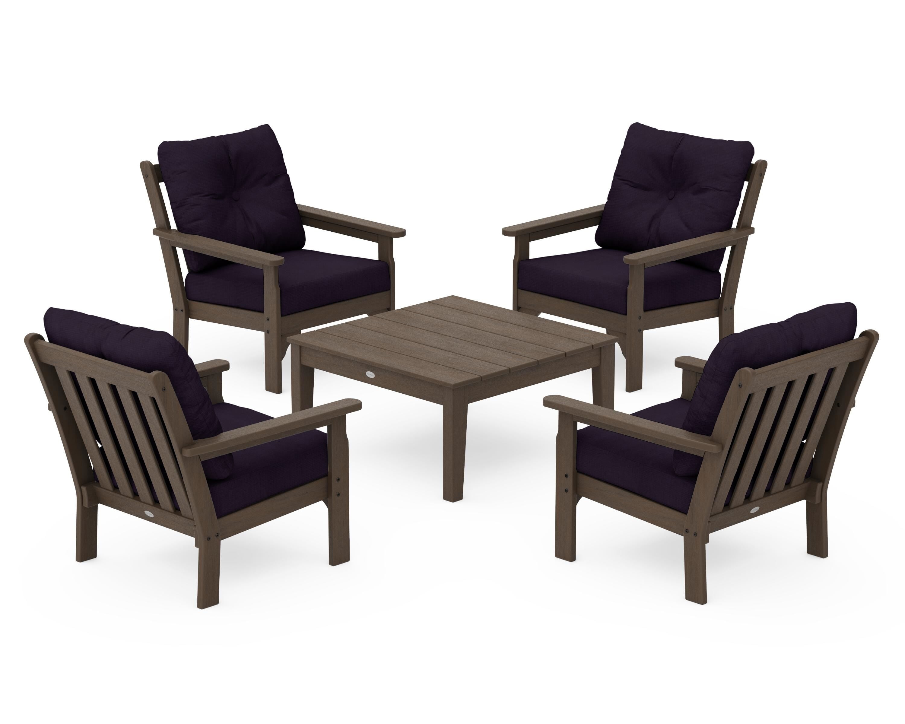 POLYWOOD Vineyard 5-Piece Deep Seating Conversation Set in Kona / Navy Linen