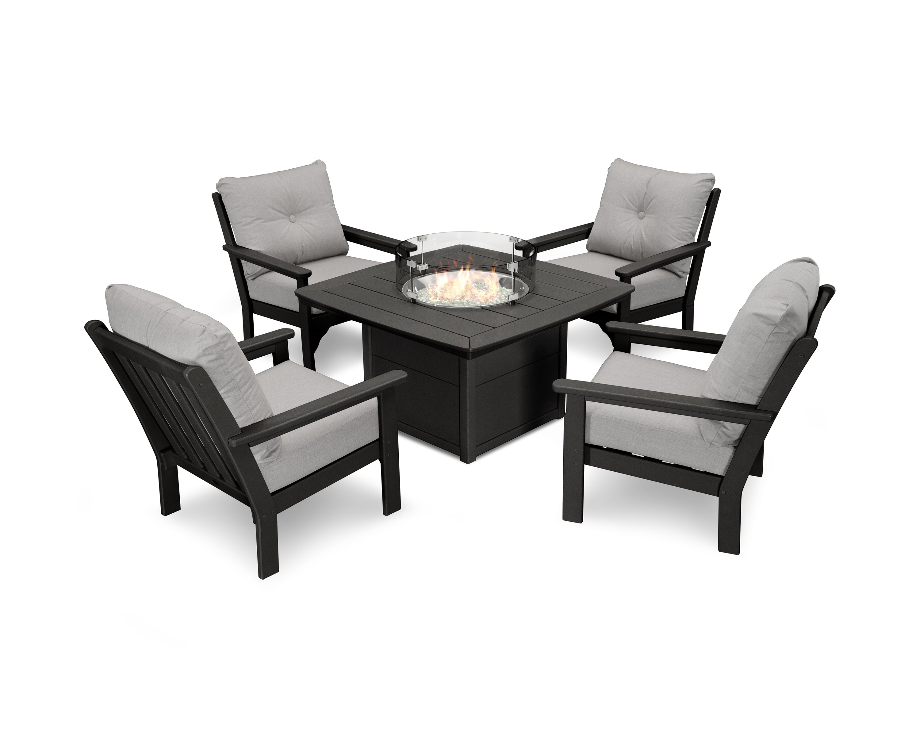 POLYWOOD Vineyard 5-Piece Conversation Set with Fire Pit Table in Black / Granite