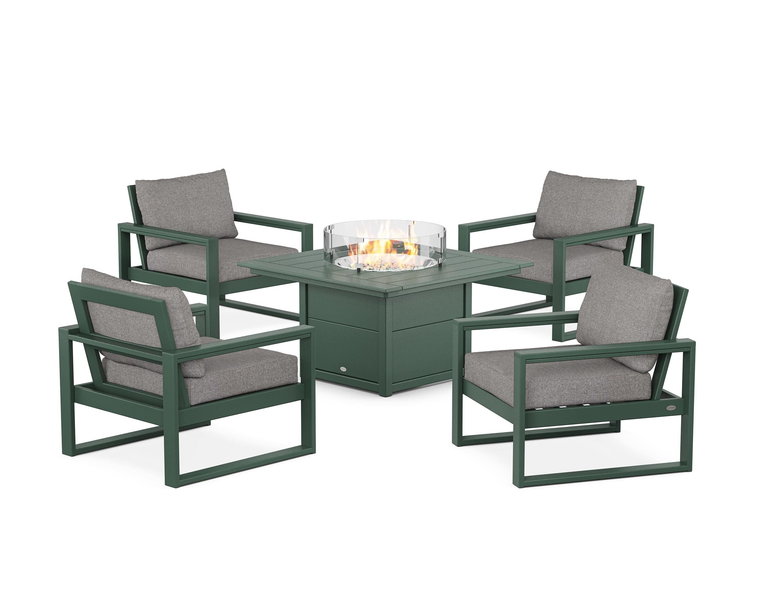 POLYWOOD EDGE Sectional 5-Piece Deep Seating Set with Fire Pit Table in Green / Grey Mist