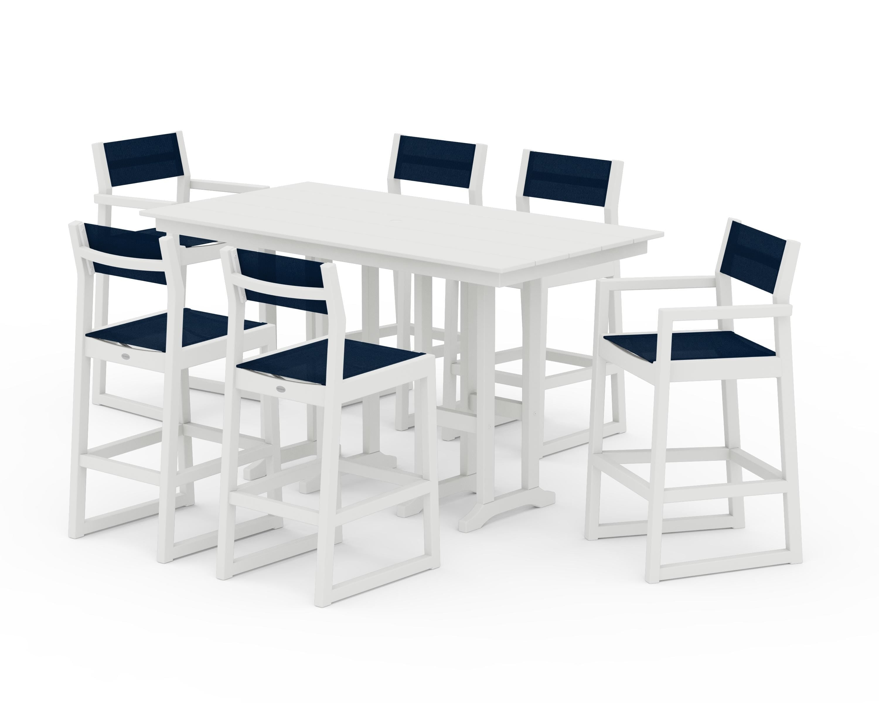 POLYWOOD EDGE Sling 7-Piece Farmhouse Bar Set in White / Navy Blue Sling