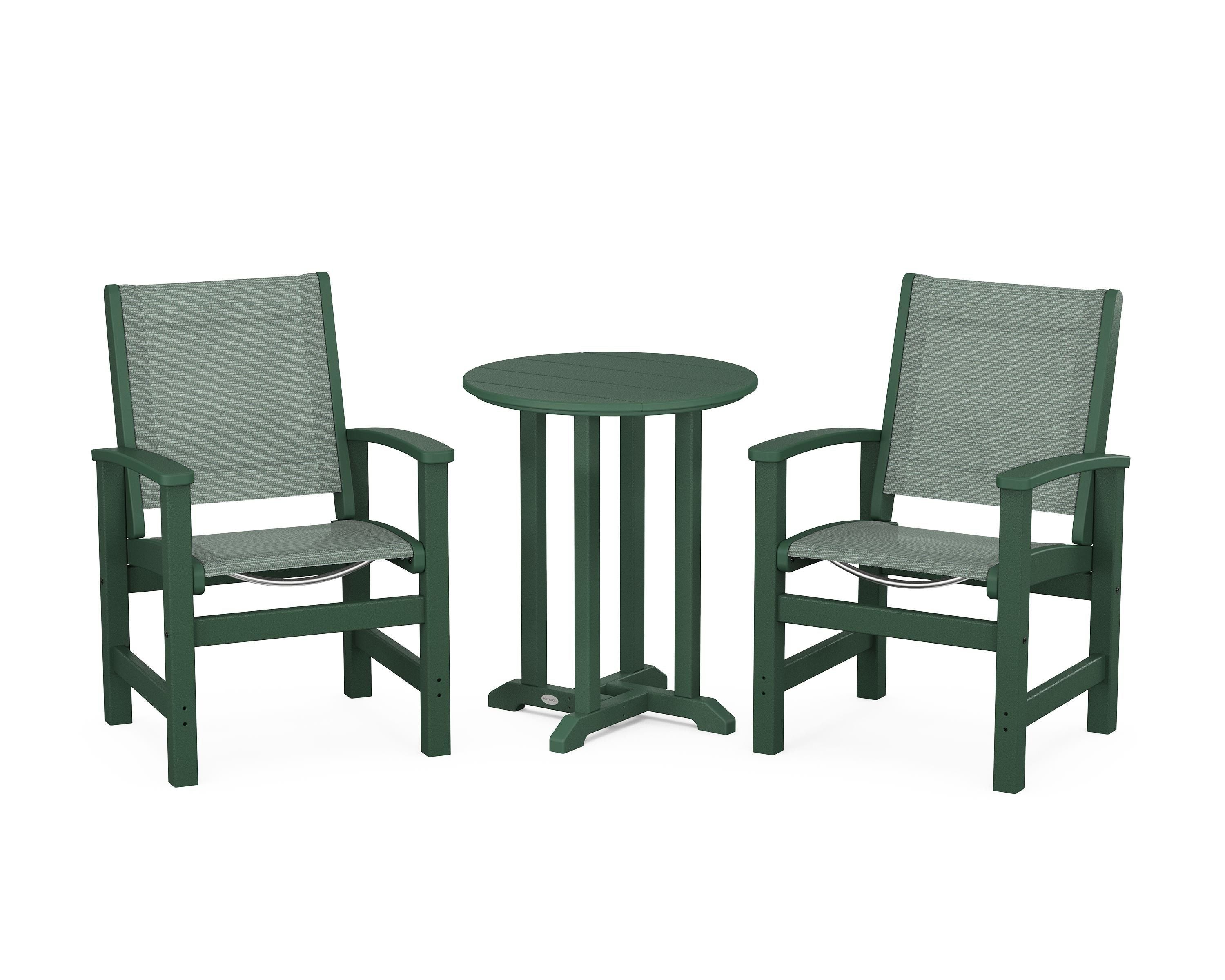 POLYWOOD Coastal 3-Piece Round Bistro Dining Set in Green / Dupioni Sea Mist Sling