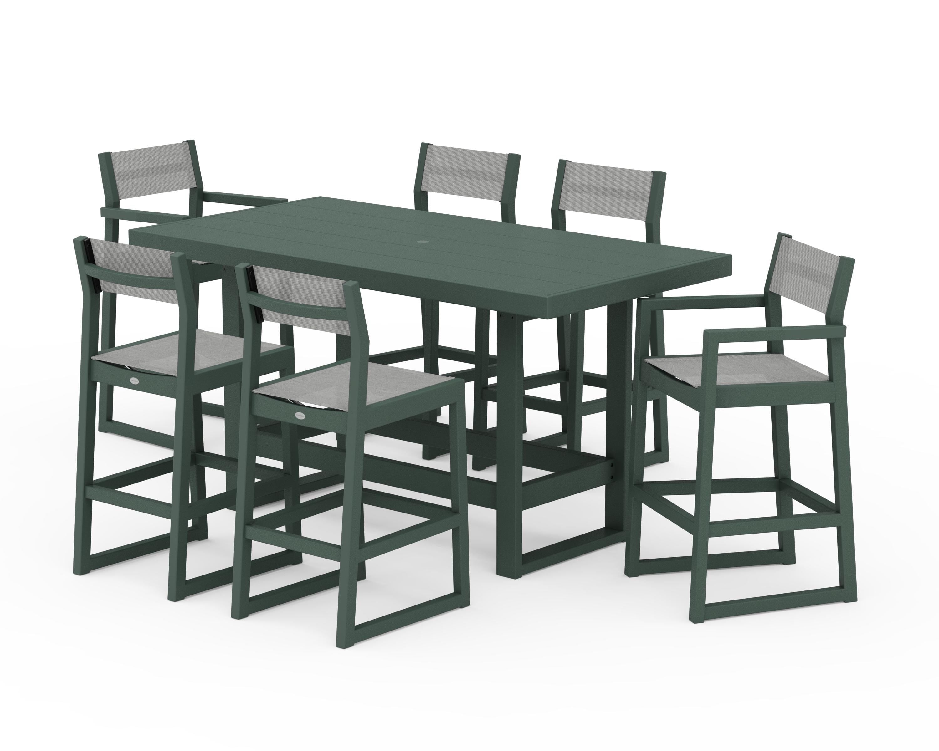 POLYWOOD EDGE Sling 7-Piece Bar Table Set in Green / Metallic Sling