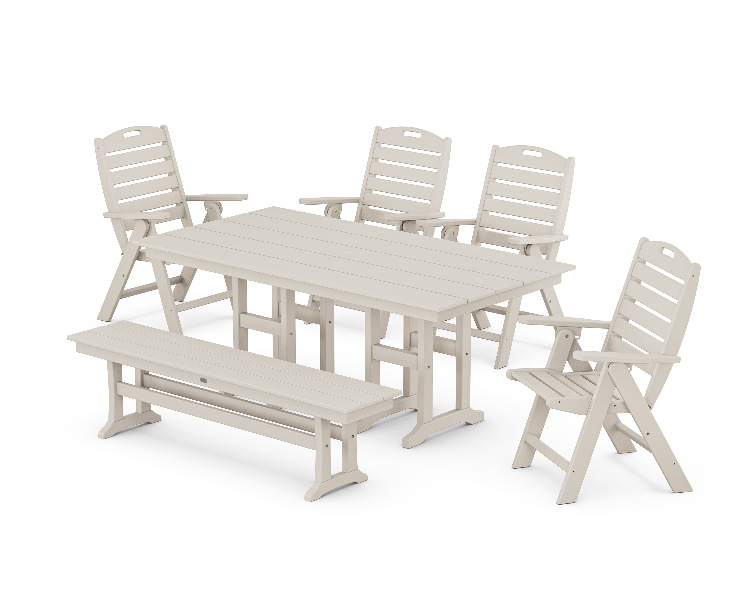 POLYWOOD Nautical Highback 6-Piece Farmhouse Dining Set with Bench in Sand