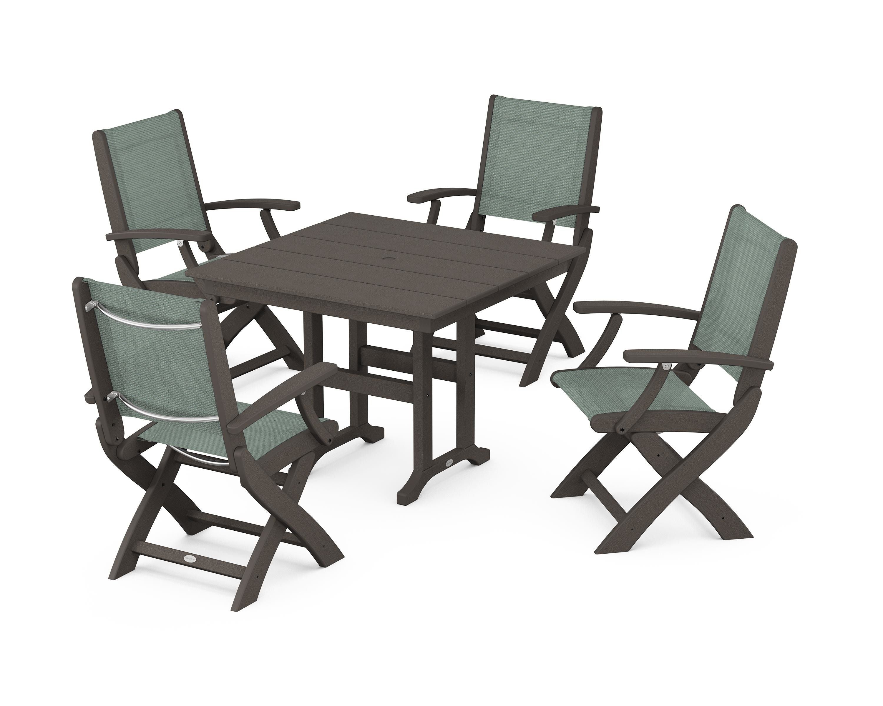 POLYWOOD Coastal Folding Chair 5-Piece Farmhouse Dining Set in Vintage Coffee / Dupioni Sea Mist Sling