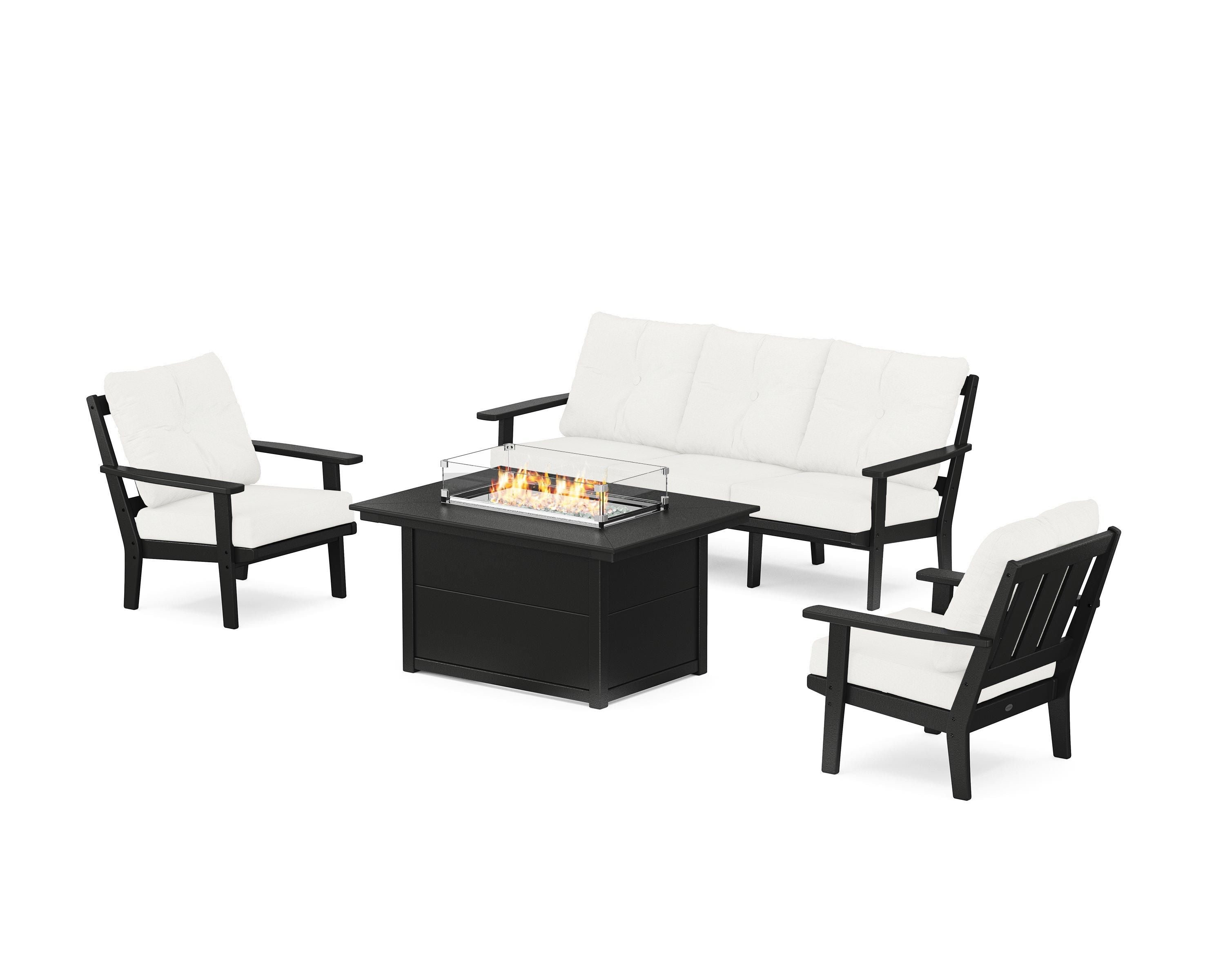 POLYWOOD Oxford Deep Seating Fire Pit Table Set in Black / Natural Linen