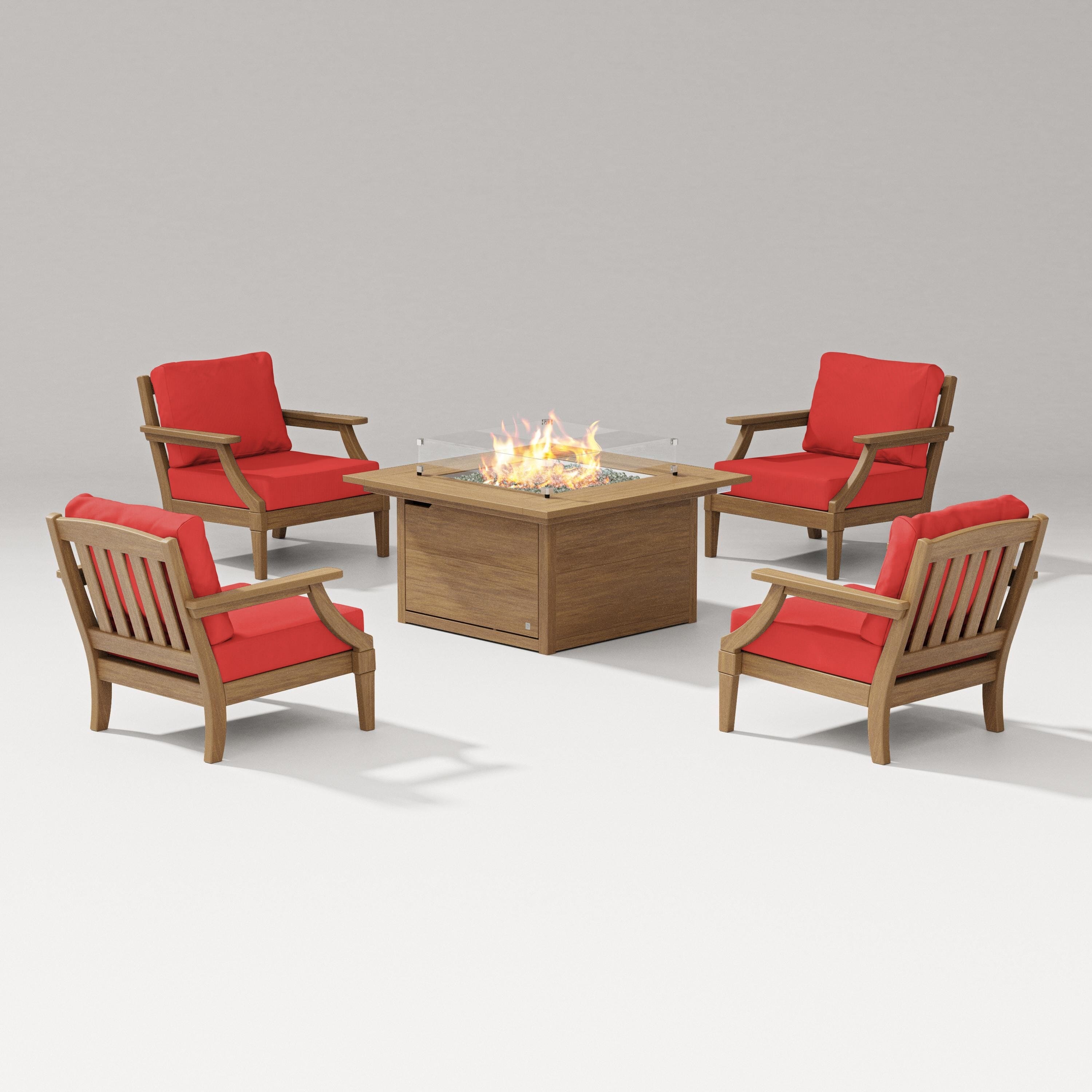 PW Designer Series Estate 5-Piece Lounge Fire Table Set in Natural / Crimson Linen