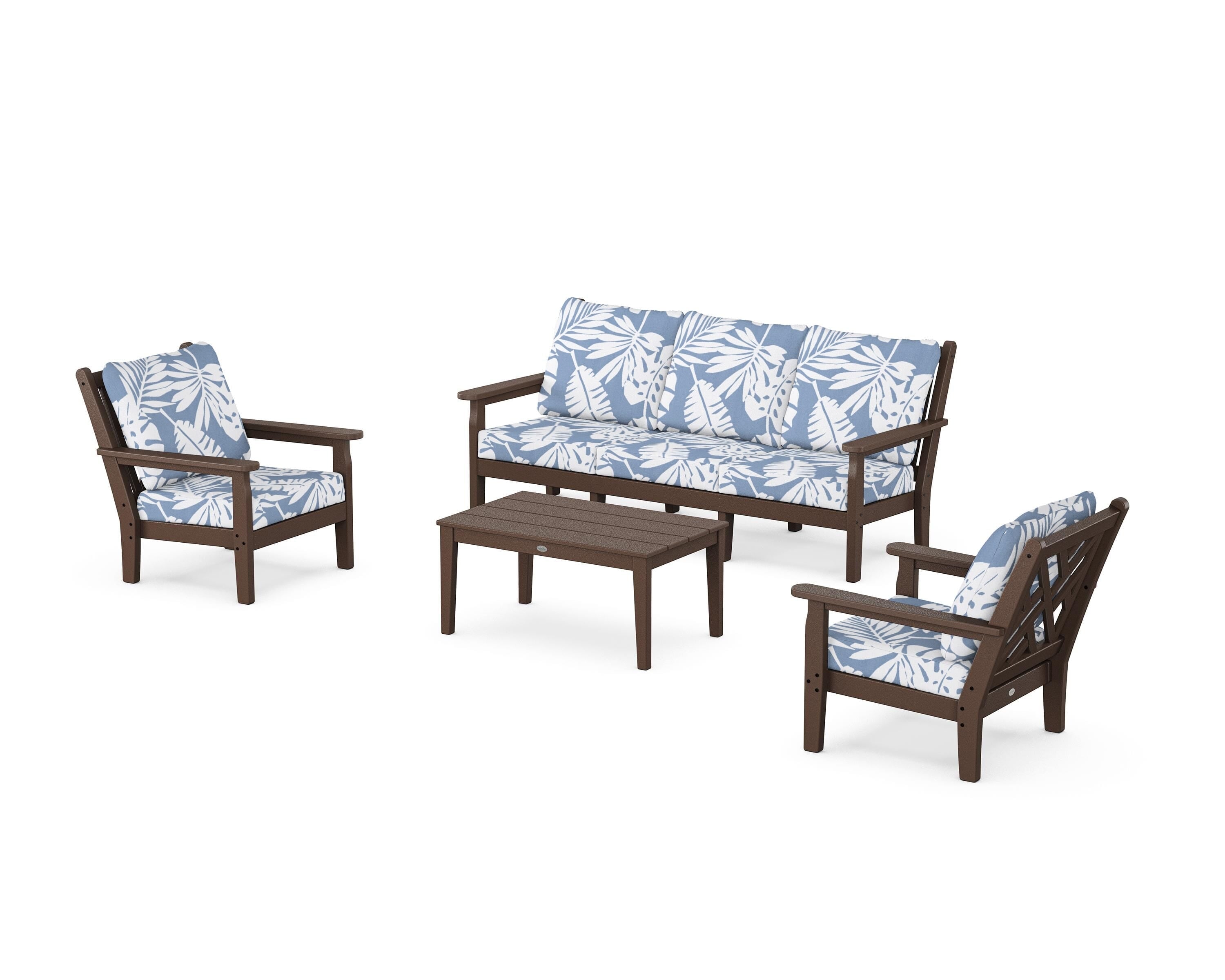 POLYWOOD Chippendale 4-Piece Deep Seating Set with Sofa in Mahogany / Leaf Sky Blue