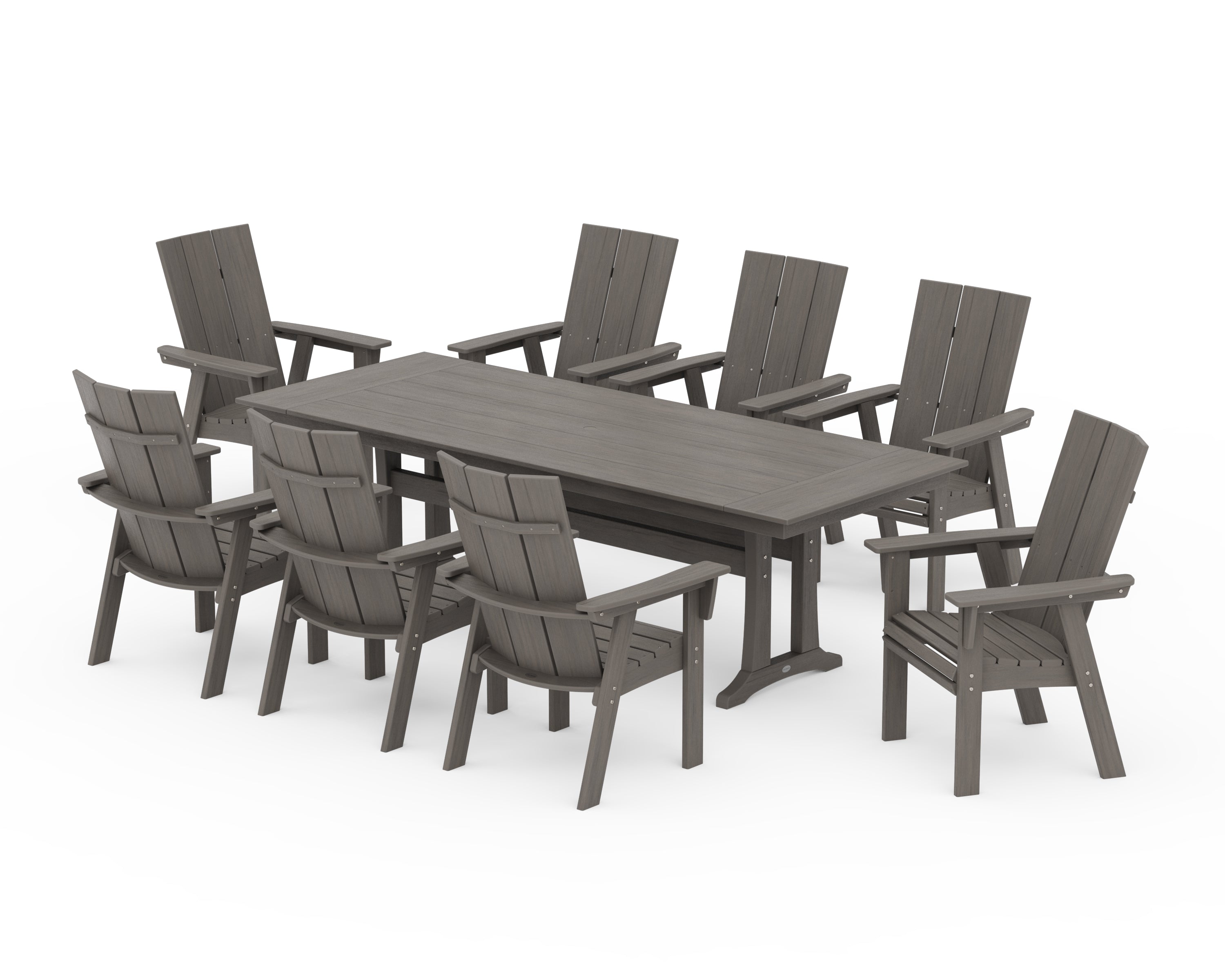 POLYWOOD Modern Curveback Adirondack 9-Piece Farmhouse Dining Set with Trestle Legs in Driftwood
