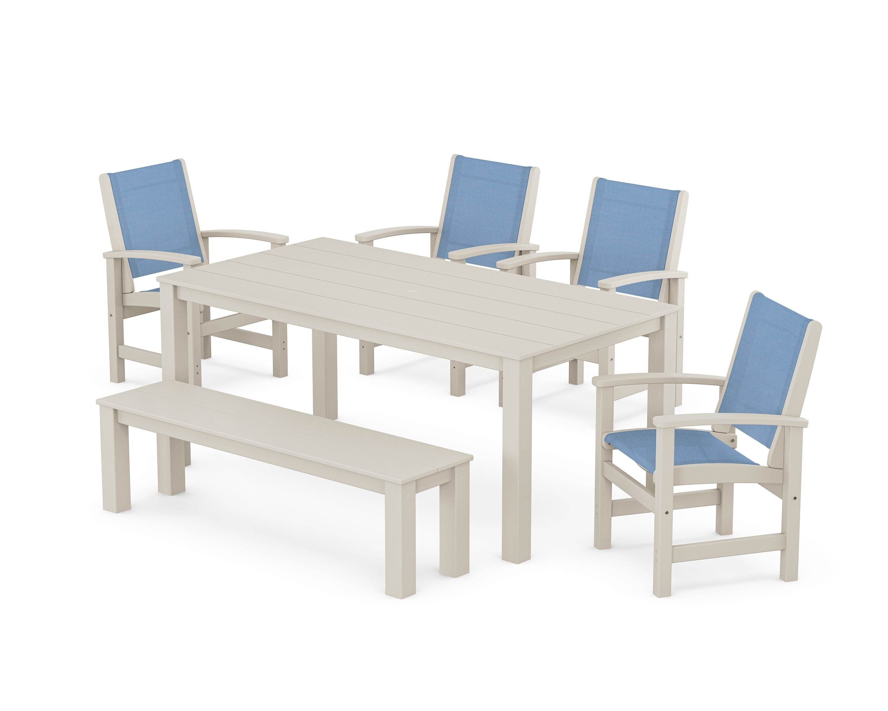 POLYWOOD Coastal 6-Piece Parsons Dining Set with Bench in Sand / Poolside Sling