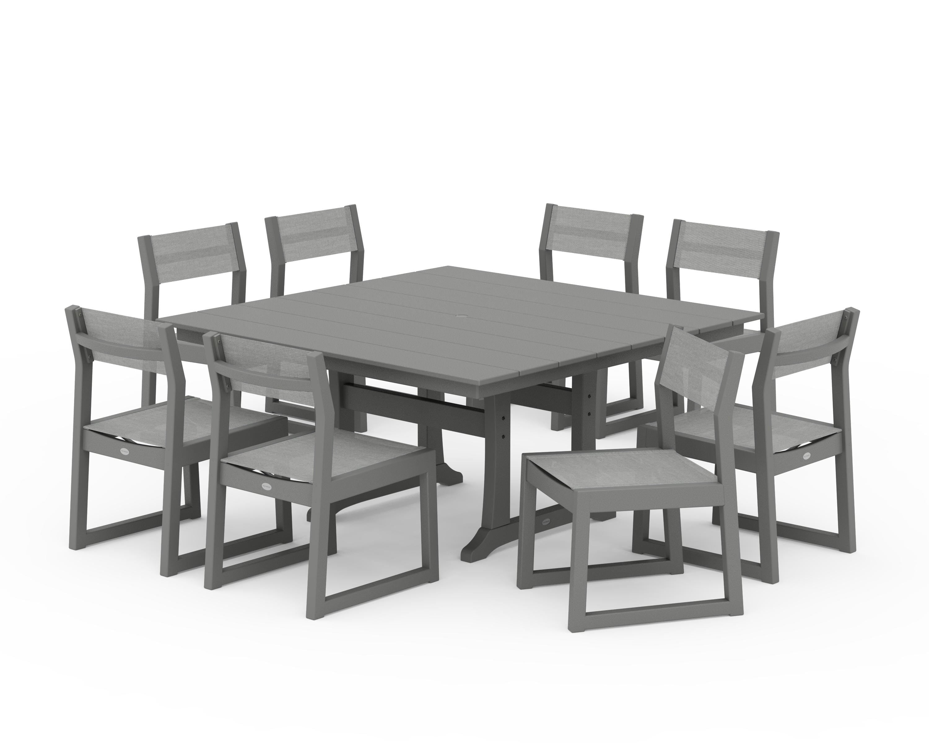 POLYWOOD EDGE Sling Side Chair 9-Piece Farmhouse Trestle Dining Set in Slate Grey / Metallic Sling