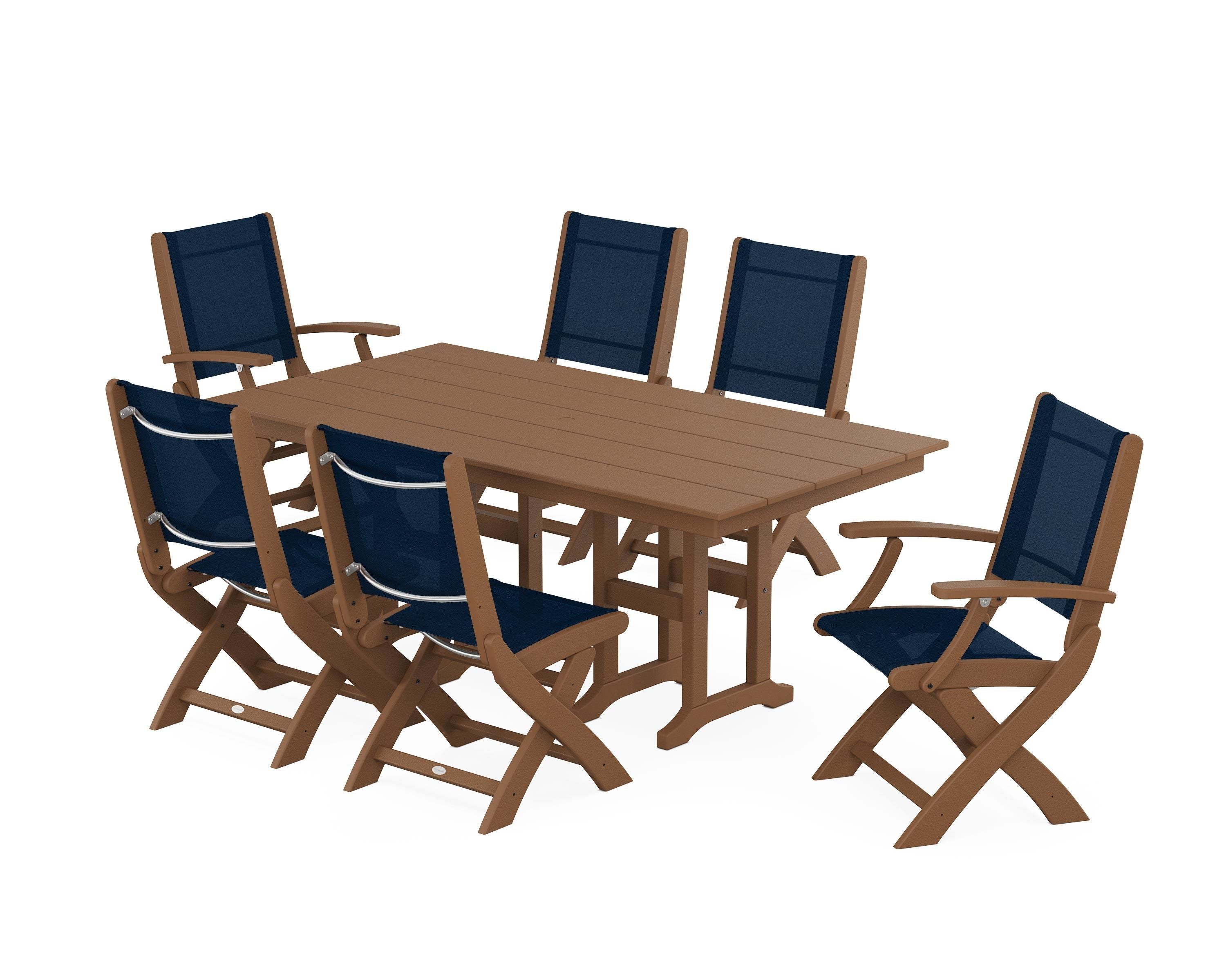 POLYWOOD Coastal Folding Chair 7-Piece Farmhouse Dining Set in Teak / Navy Blue Sling