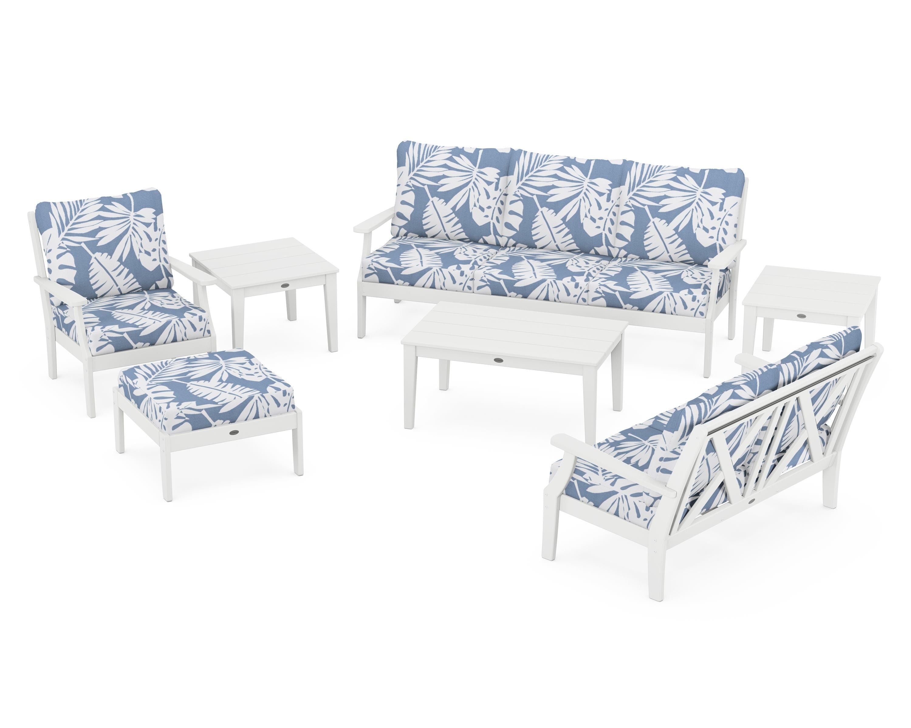 POLYWOOD Braxton 7-Piece Deep Seating Set in White / Leaf Sky Blue