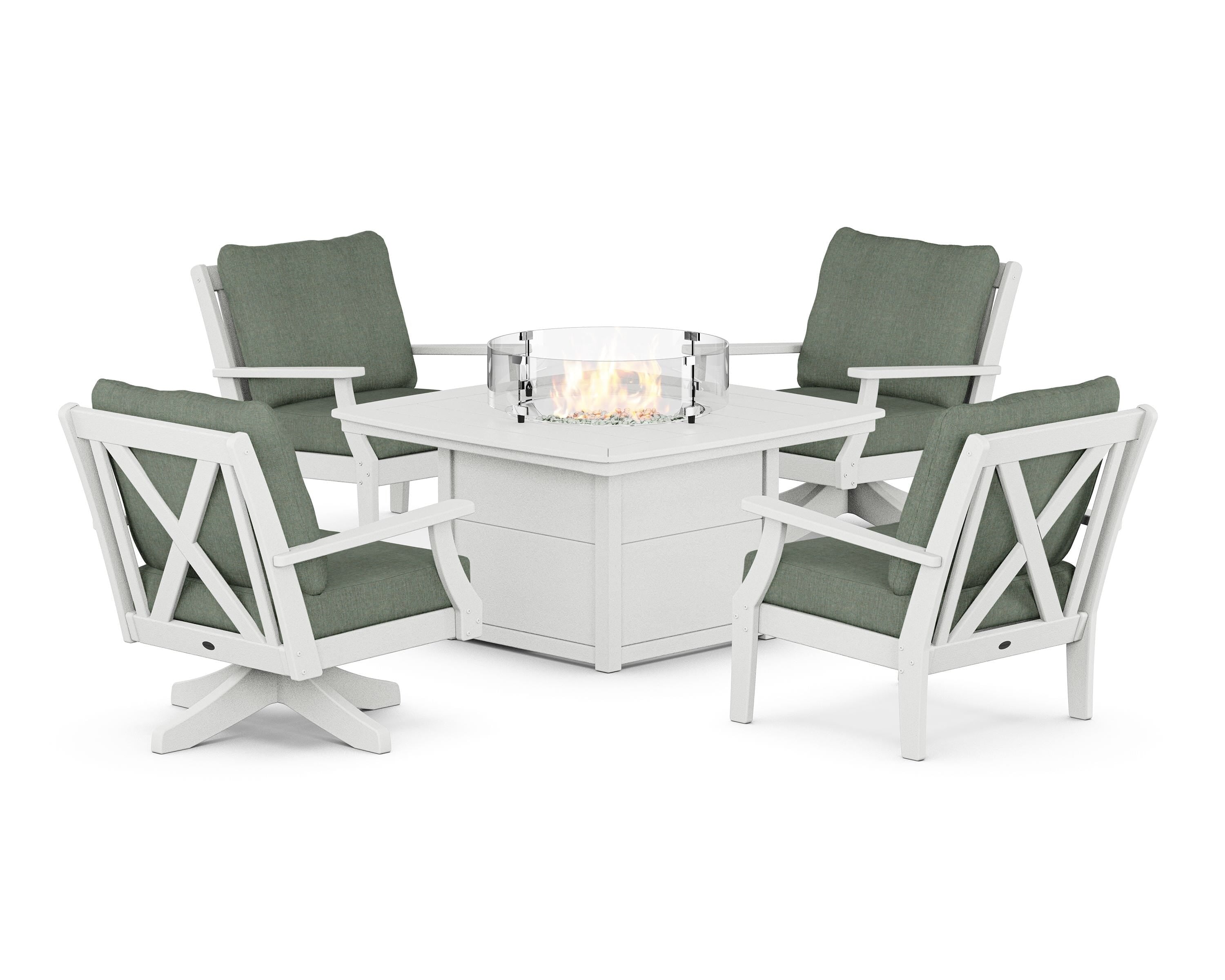 POLYWOOD Braxton 5-Piece Deep Seating Set with Fire Table in Vintage White / Cast Sage