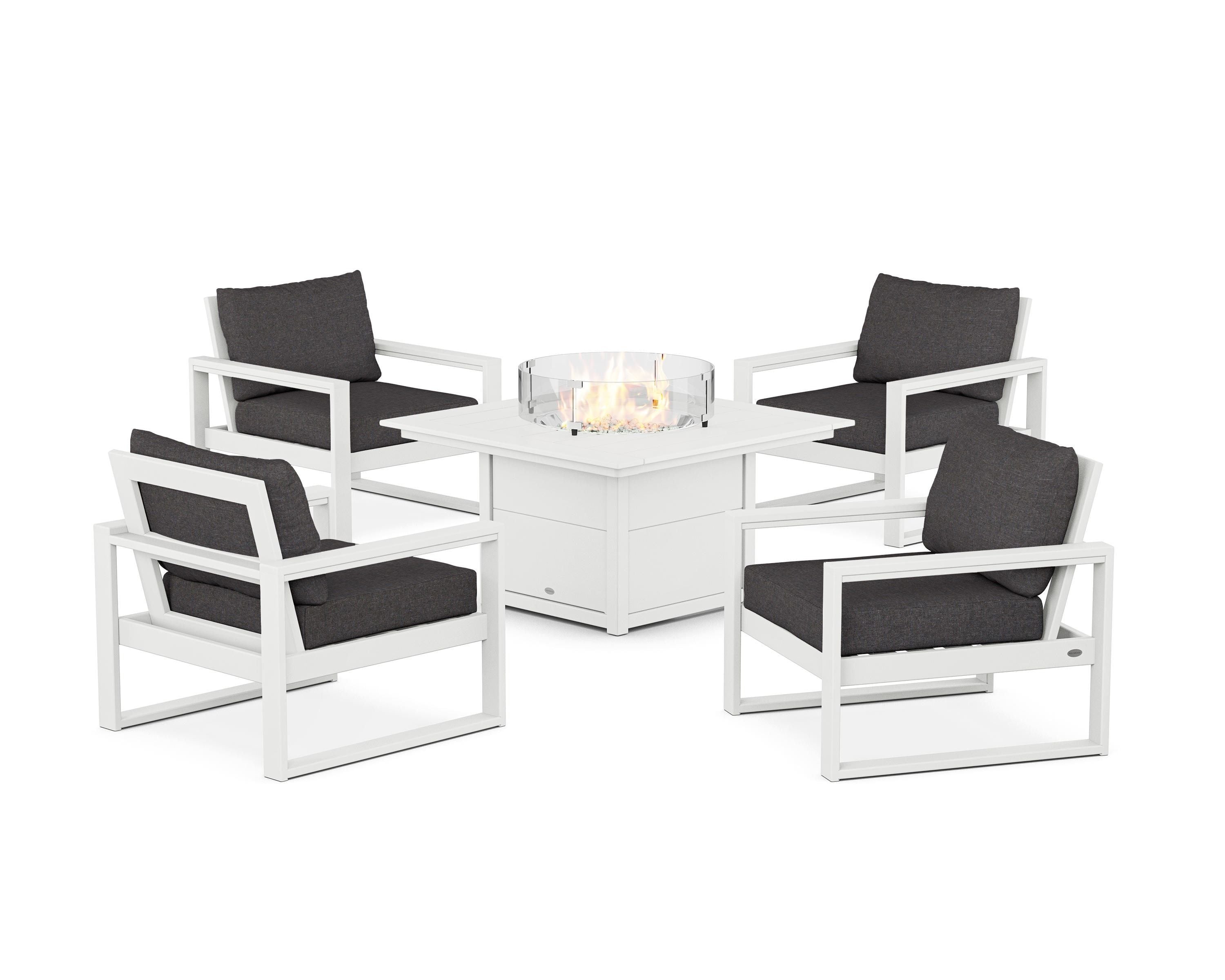 POLYWOOD EDGE Sectional 5-Piece Deep Seating Set with Fire Pit Table in White / Ash Charcoal