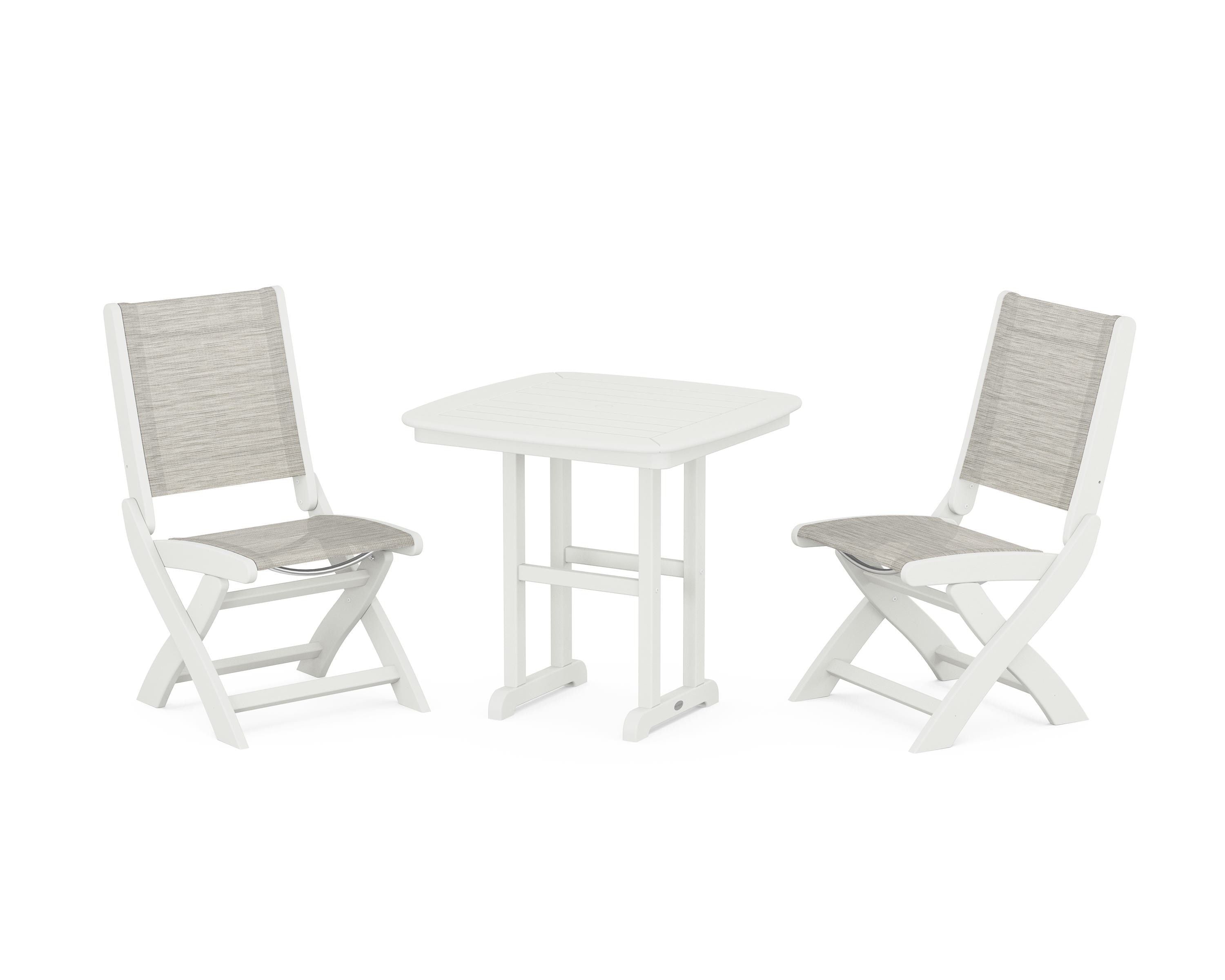 POLYWOOD Coastal Folding Side Chair 3-Piece Dining Set in Vintage White / Birch Sling