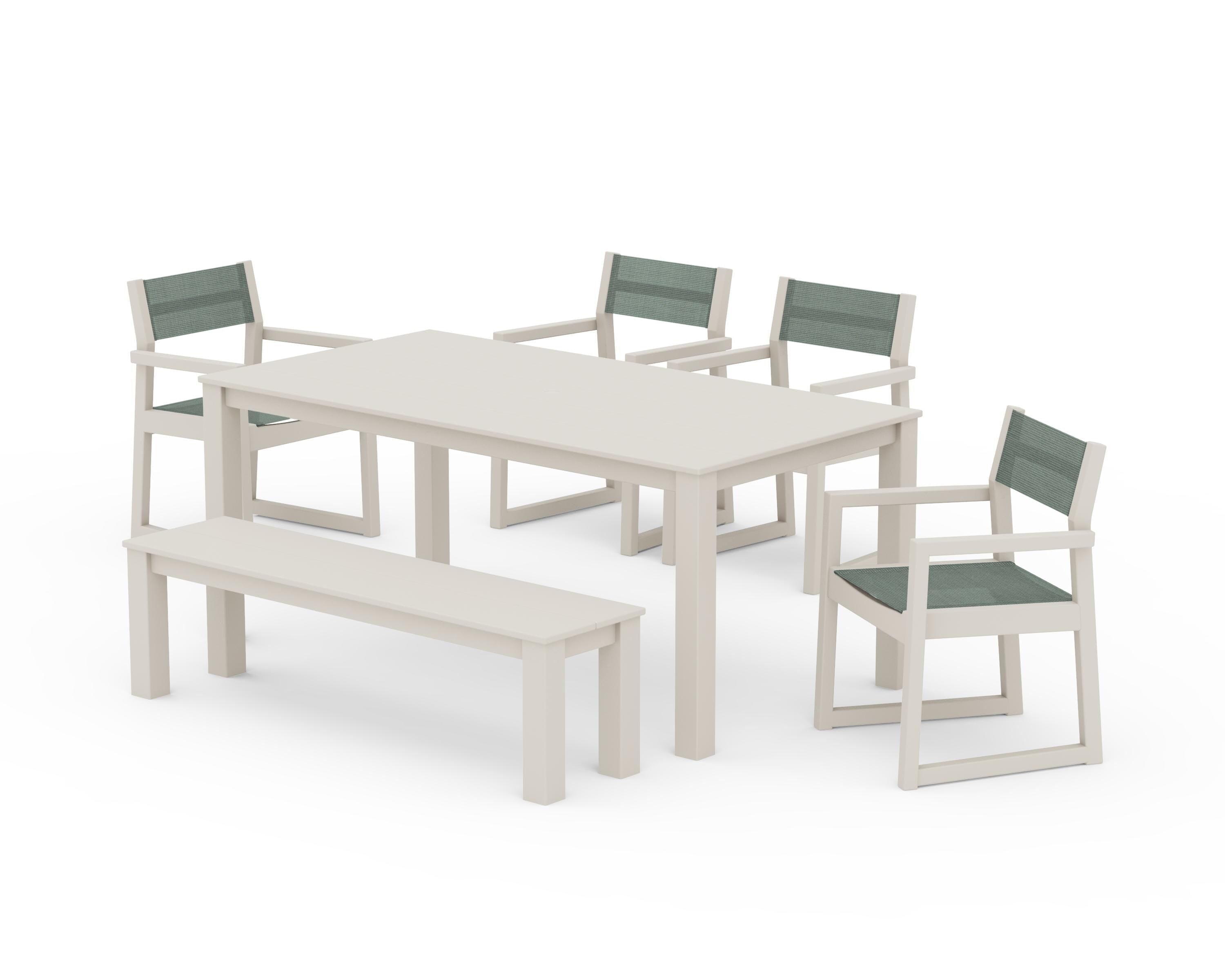 POLYWOOD EDGE Sling Arm Chair 6-Piece Parsons Dining Set with Bench in Sand / Dupioni Sea Mist Sling