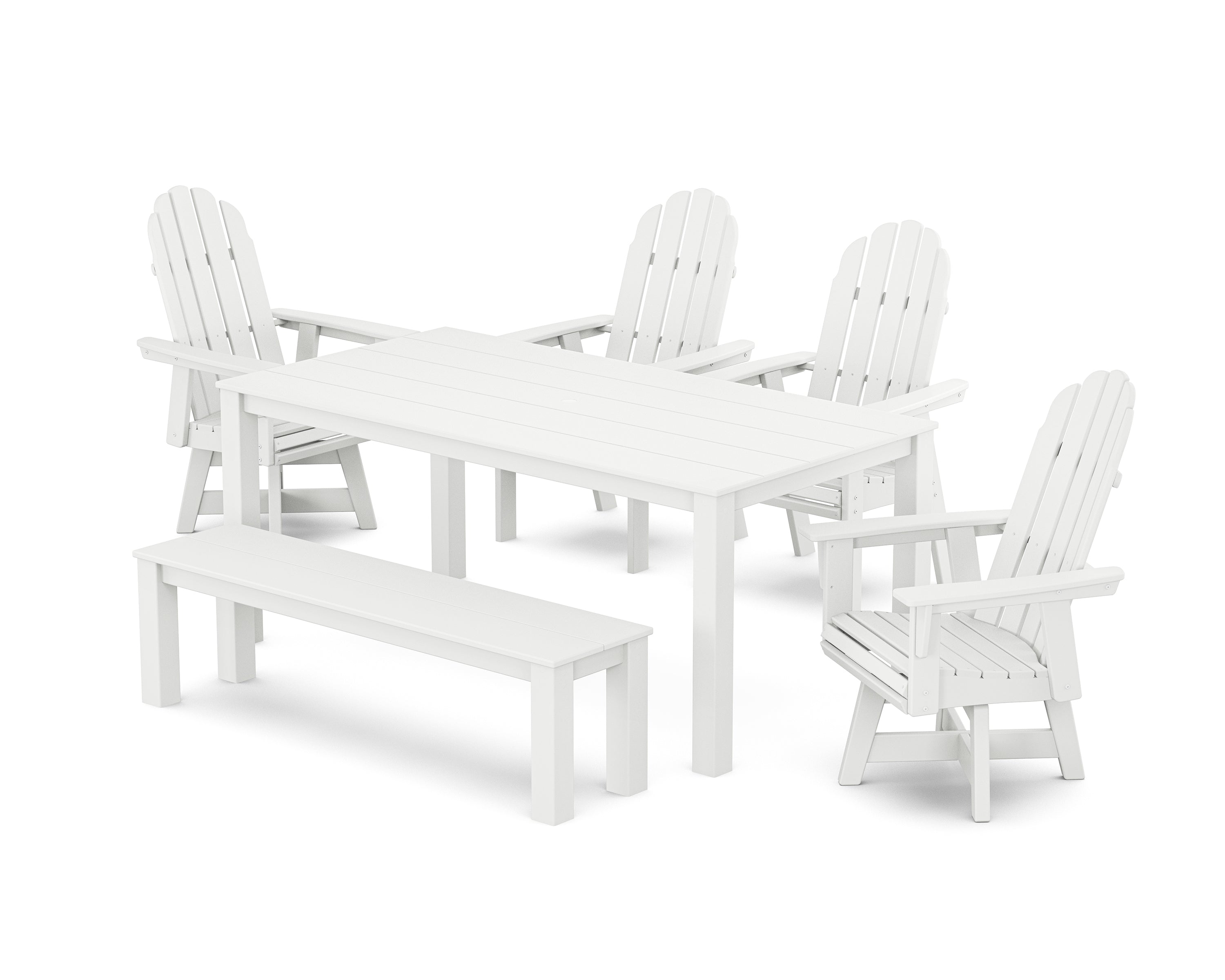 POLYWOOD® Vineyard Curveback Adirondack 6-Piece Parsons Swivel Dining Set with Bench in White