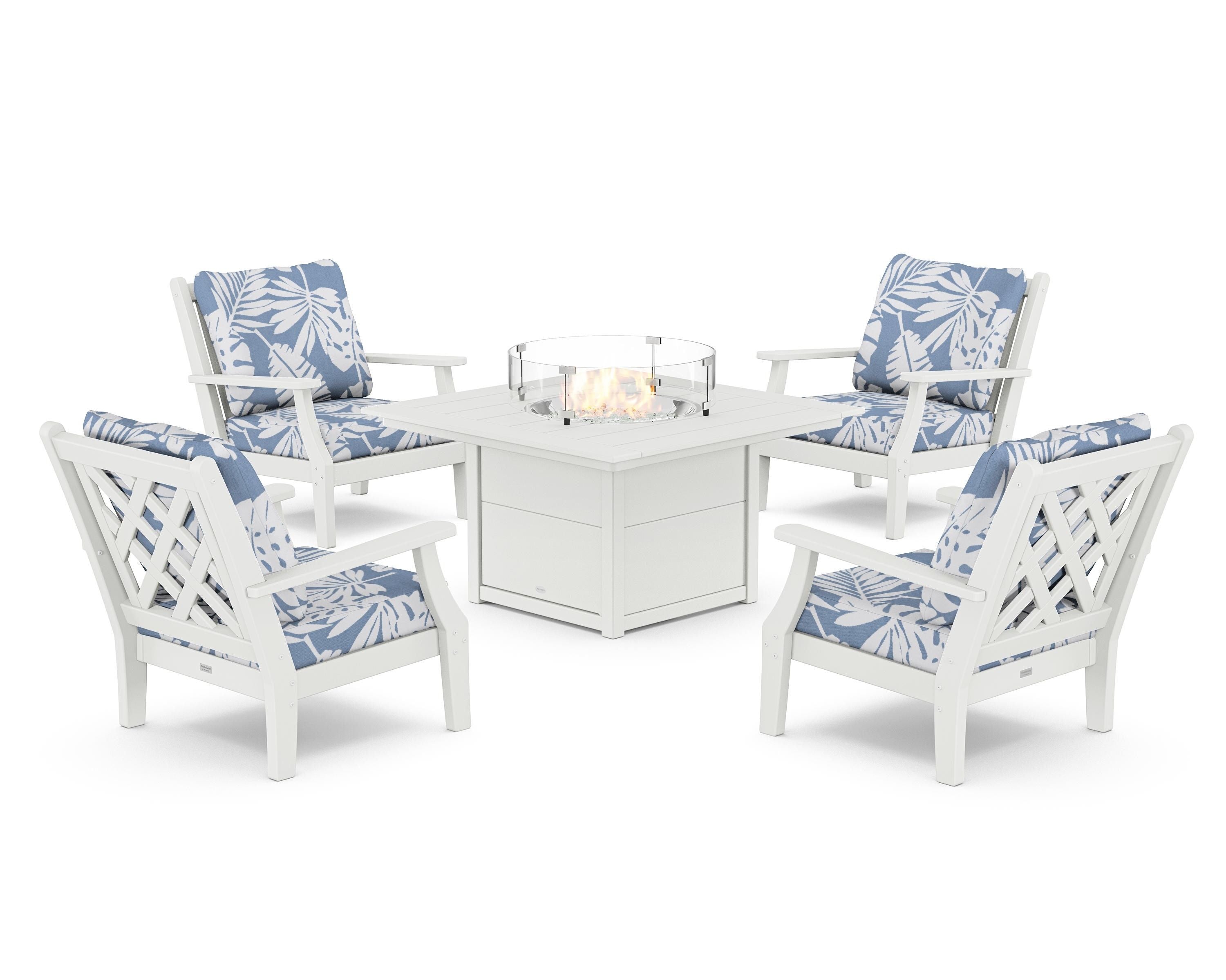 Country Living Wovendale 5-Piece Deep Seating Set with Fire Pit Table in White / Leaf Sky Blue