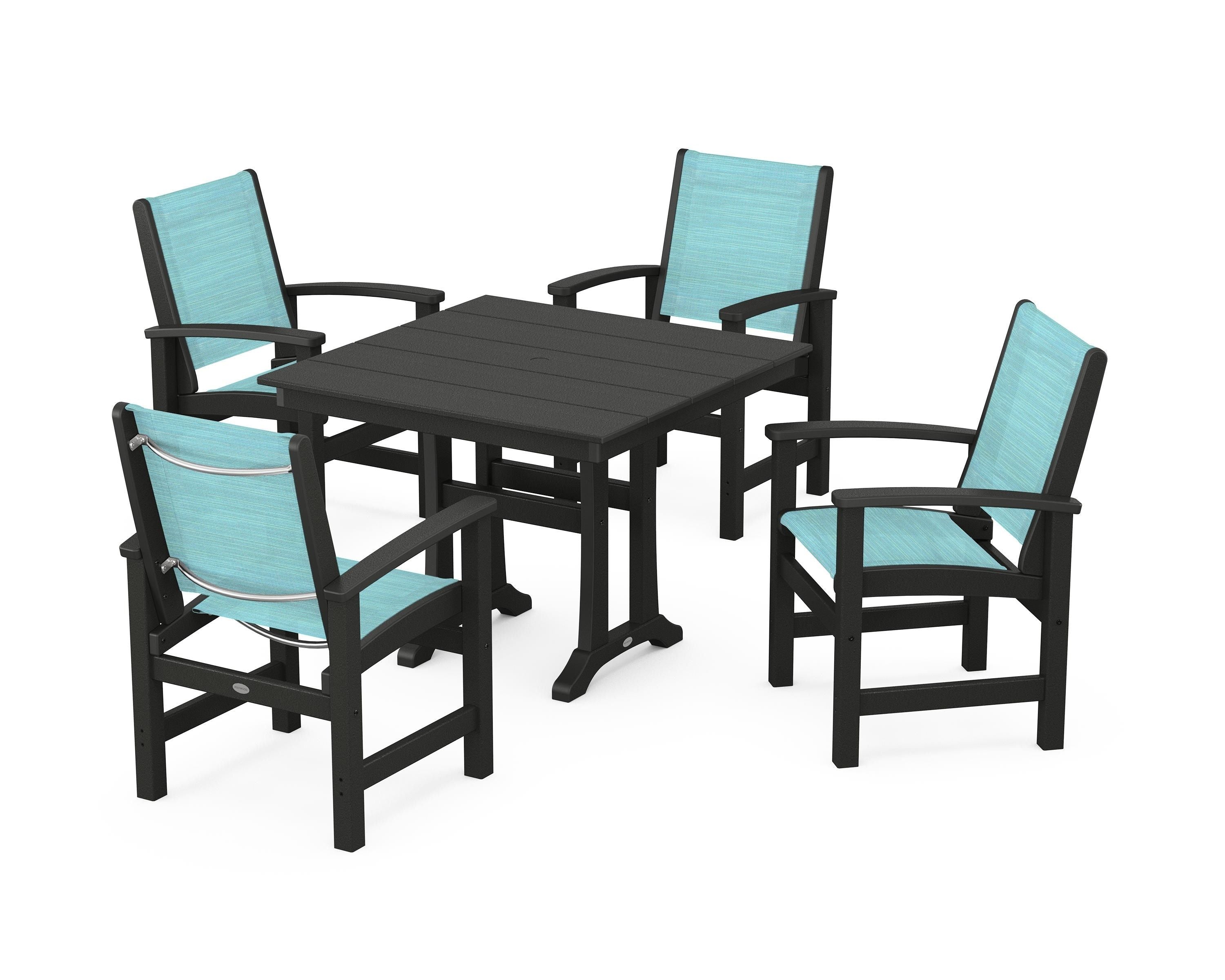 POLYWOOD Coastal 5-Piece Farmhouse Dining Set With Trestle Legs in Black / Dupioni Aquamarine Sling